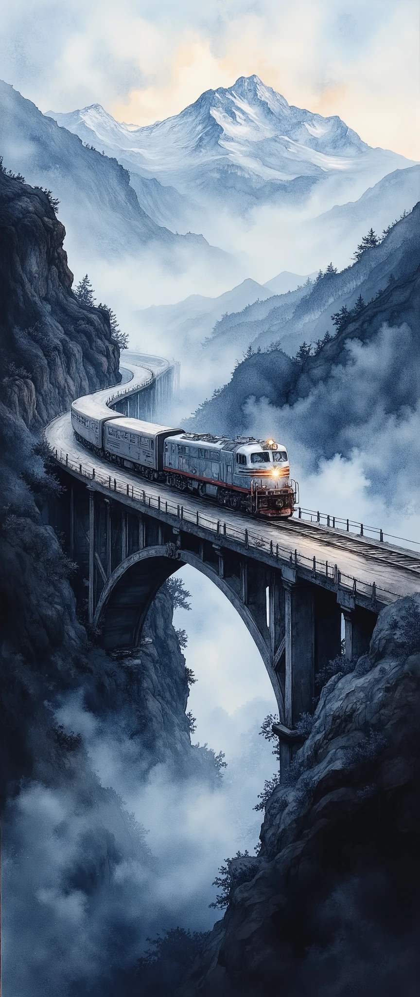 (masterpiece:1.2,Superior Quality,Mirror finish, Cinematic Experience, best illustration:2.0),8k,(Watercolor:2.0),(An old bridge shrouded in fog :2.0),(An old bridge is built in a mountainous area:2.0),( bridge over the mountainous area :2.0),( A freight train runs on the bridge with lights on),( dynamic:2.0),( Vector Art :2.0),(wash),(wet in wet),(Layering),( gradation ),Close up of bridge and train , from above:2.0