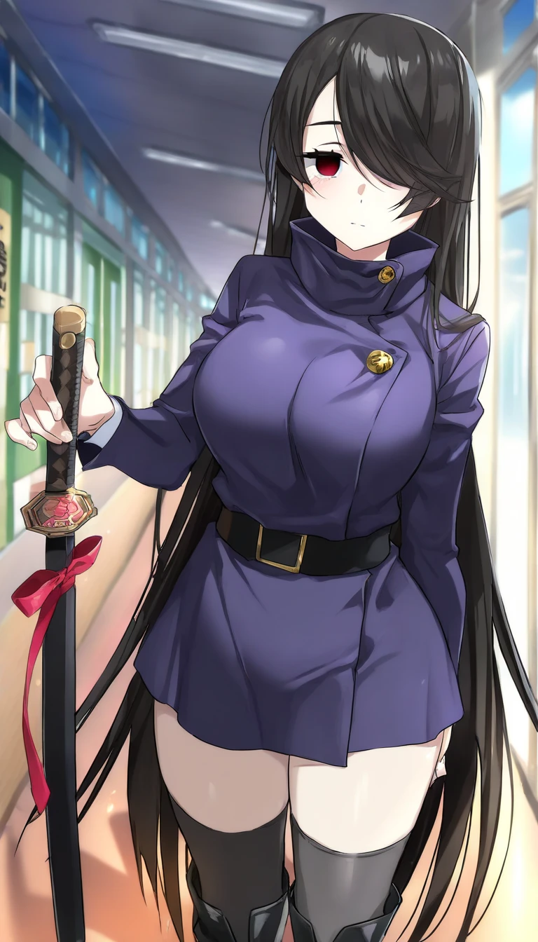 1girl, Solo, Looking at viewer, Shy, ((Cute)), Red Eyes, Empty Eyes, Expressionless, Black Hair, (Very Long Hair:1.2), Straight Hair, ((Hair Over Right Eye, Swept Bangs:1.5)), short height, Large breasts, Pale Skinned, Slender, Curvy, long-sleeved, jujutsu high uniform, turtleneck short dress, belt, thigh highs, combat boots, Standing, holding a blood katana, day, school hallway background, anime screencap, official art, Jujutsu Kaisen style, (Masterpiece, Best Quality, 8K, HDR, Absurd Resolution, Accurate, Award Winning)