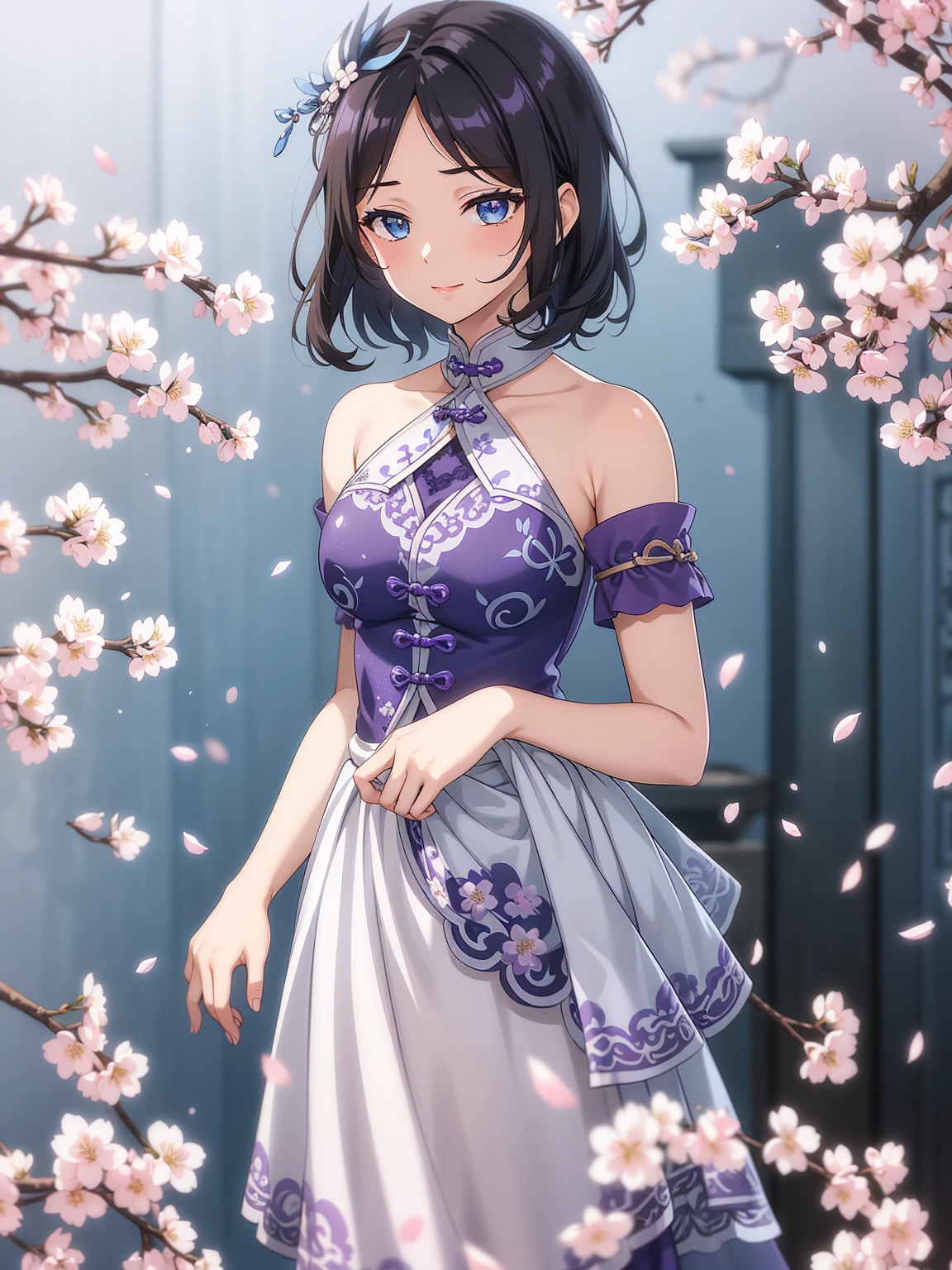 (high-quality, breathtaking),(expressive eyes, perfect face) 1female, girl , solo, teenager, asian woman hairstyle, short hair length, soft wave, black hair color, Heterochromia left eye blue and right eye purple, white and black dress, shawl, blue and purple background, music, gentle smile, swirls in background, music notes background, beautiful background, symmetrical eyes, Qing Dynasty Costumes, hairpin, cherry blossom background
