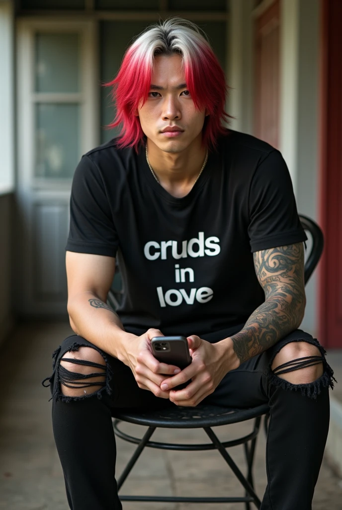 Photo of a boy with long hair wearing a black t-shirt that says "jiwanalan" with wings and a red heart, wearing jeans and rockstar shoes, and sitting on a drum set that says "JWNLN rock never die". Behind it there is a wall background with decorative lights that say "JWNLN ROCK CITY"