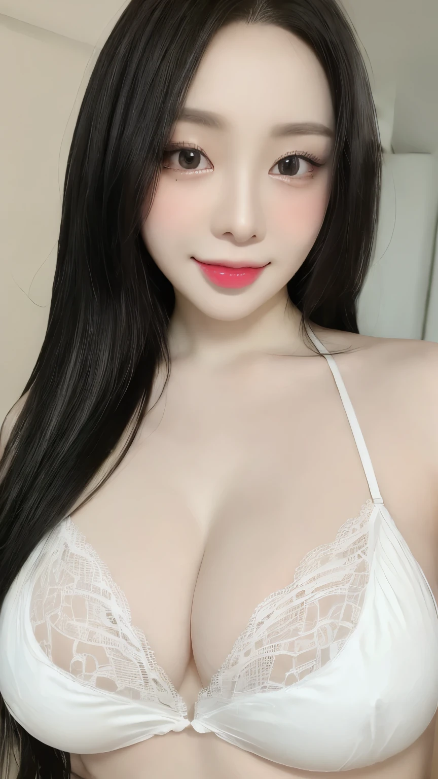 (realistic、masterpiece、Best Quality、8K、highres、high resolution:1.3)、upper body, 1 girl、grin smile, Huge breasts、(((white see-through lace bikini)))、long legs, pale white skin、looking at viewers、super fine face and eyes、long blonde hair、((round Breasts、Absurdly Gigantic Breasts:1.3、Huge Cleavage、Extremely Gigantic Breasts:1.3))、indoor、upper body、