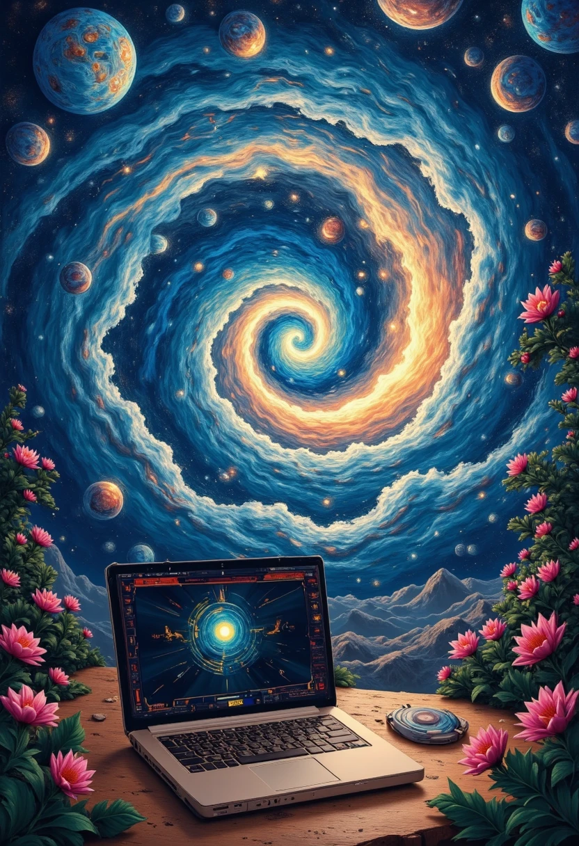 Laptop Computer, poster design, creative national style illustration, interstellar, smart notebook, time and space tunnel woven by data, bronze body, symphony of the universe, CGI special effects style, immersive visual feast, panorama, depth of field, master works, extreme detail, ultra high definition, 8k resolution,