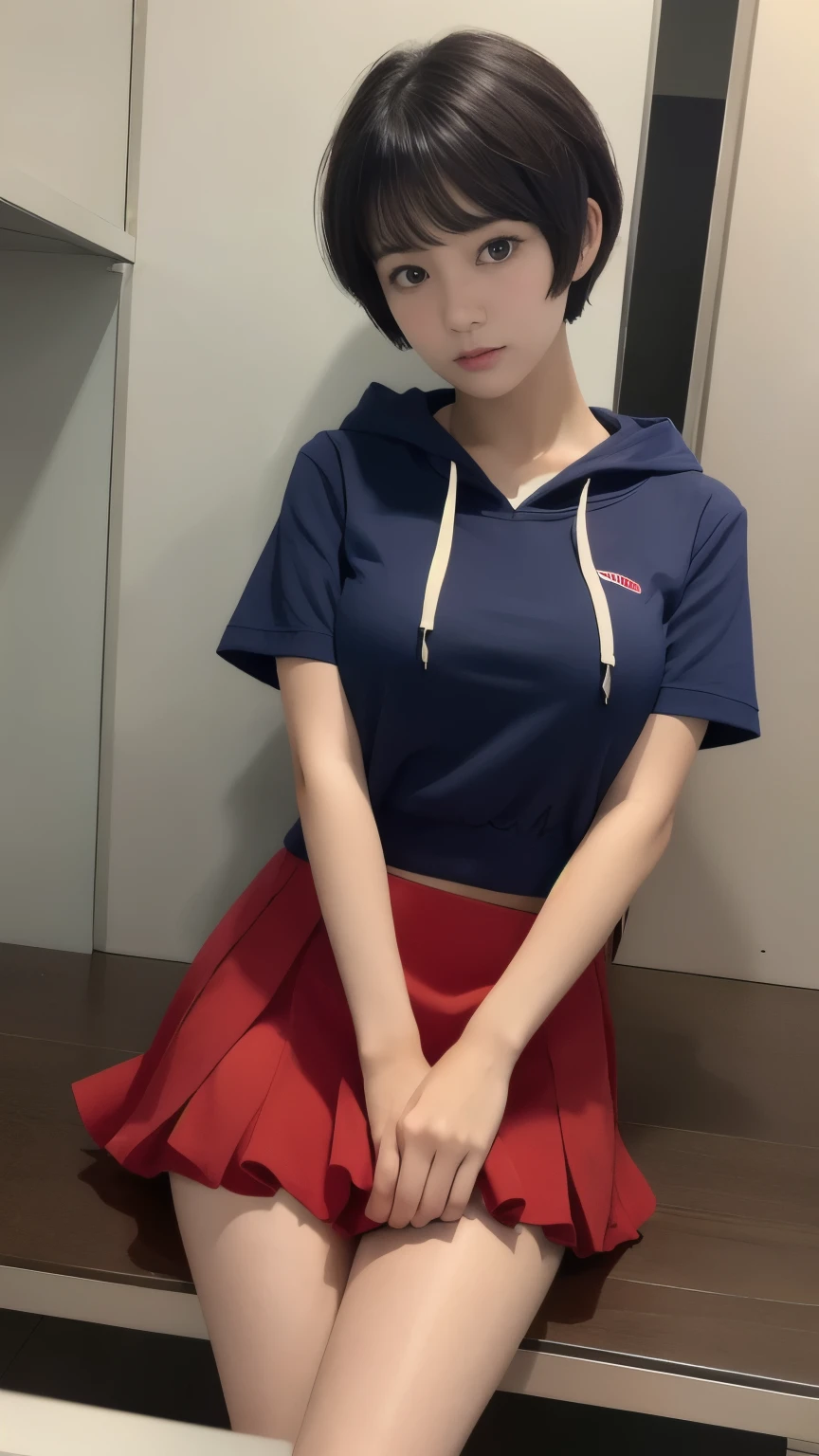  super high image quality 、 real photo、２５woman with short cut hair、small、idol frill miniskirt 、Bare legs、 red short sleeve hooded jersey、 navy blue skirt、振り向き後ろ立ち姿、白いスニーカー、