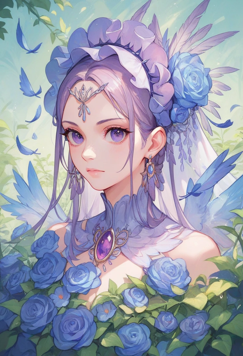  charming digital portrait of an attractive woman、sharp violet eyes ,  wearing a gorgeous headdress ,  surrounded by bright flowers and delicate feathers