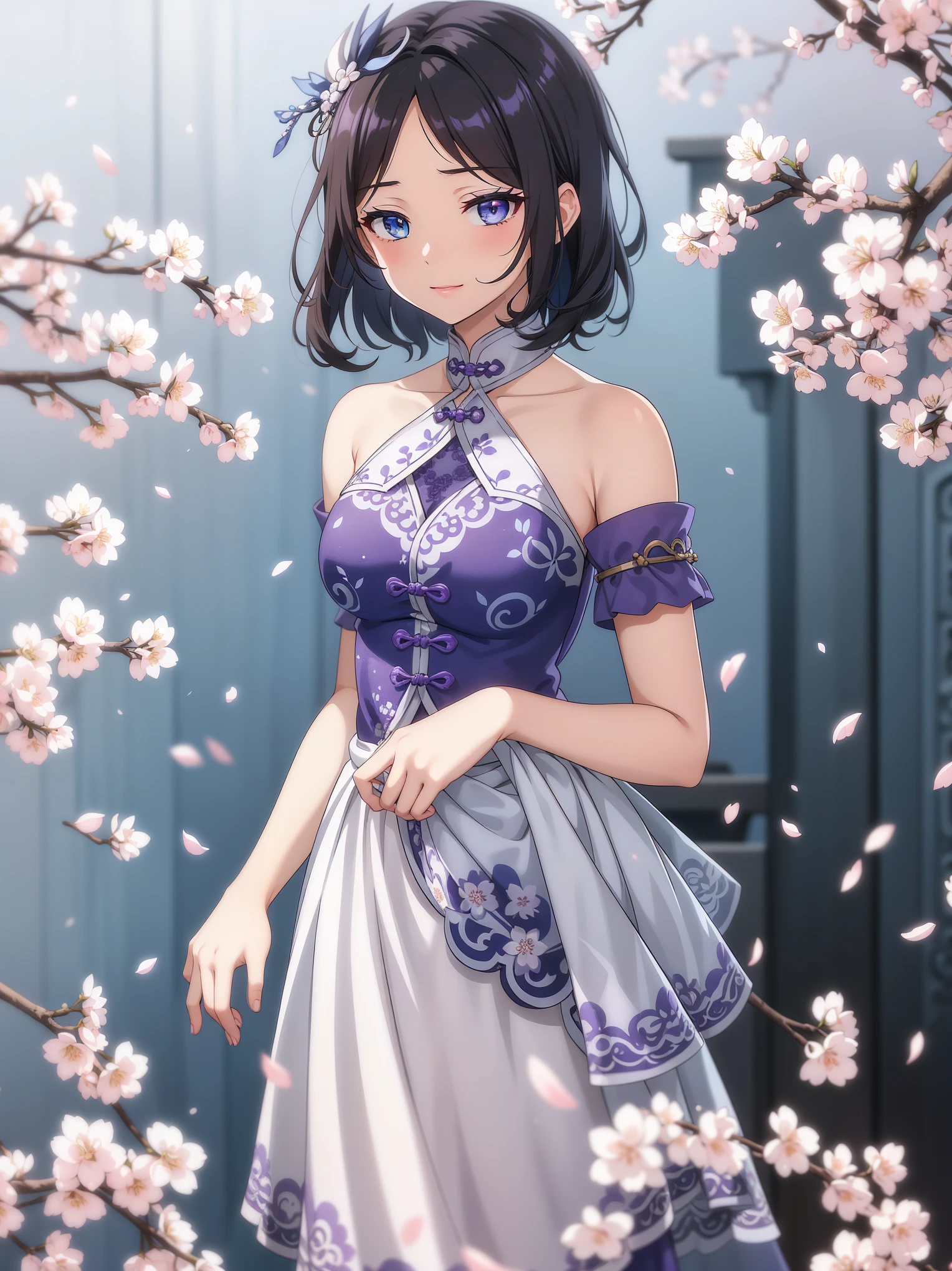 (high-quality, breathtaking),(expressive eyes, perfect face) 1female, girl , solo, teenager, asian woman hairstyle, short hair length, soft wave, black hair color, Heterochromia left eye blue and right eye purple, white and black dress, shawl, blue and purple background, music, gentle smile, swirls in background, music notes background, beautiful background, symmetrical eyes, Qing Dynasty Costumes, hairpin, cherry blossom background
