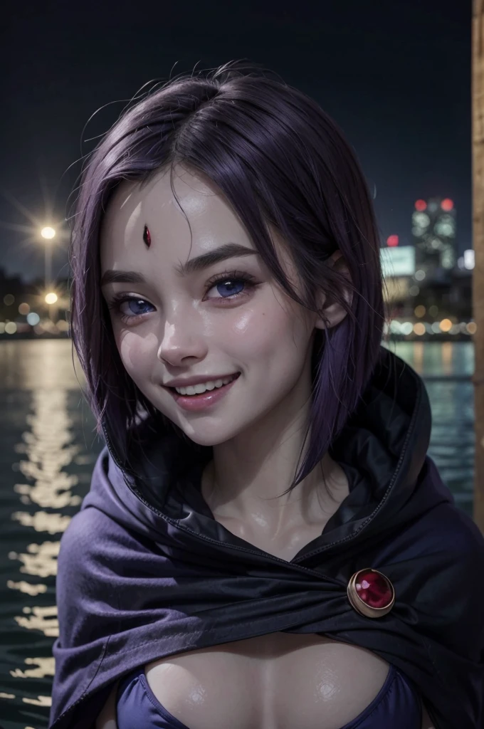 RavenTT, blue eyes, purple hair, red jewel on the head, gray skin, blue cape, black bikini, long sleeves, brooch, looking at the audience, serious, smiling, teeth, close-up portrait, outside, water's edge, urban landscape, dark, night, extreme detail, HDR, beautiful quality.