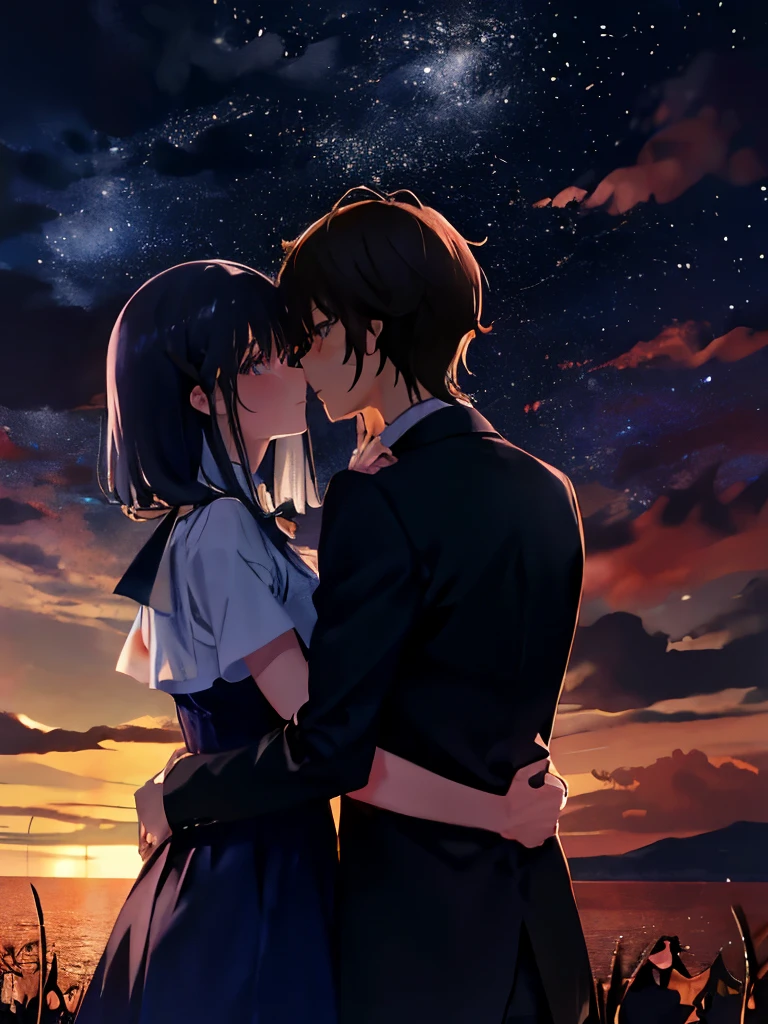 Anime couple kissing under the stars in the sky,