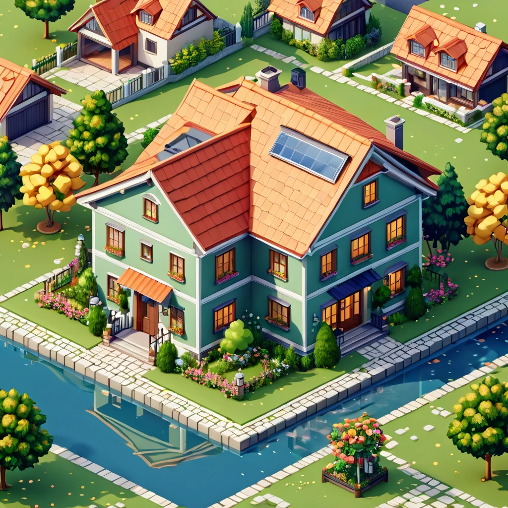 a house, isometric view, map tile, simple background, masterpiece, best quality, 8K, maximalist