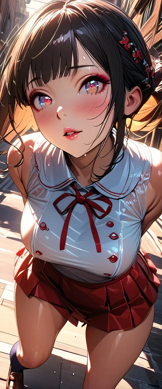 SFW,(8k, RAW photo, best quality, masterpiece, soft cinematic lighting, soft color:1.6),(ideal ratio body proportions:1.8),(from below, ceiling:0.0),(from above:1.6),(looking up at viewe:1.5),(kneeling:1.6),(beautiful eyes focus:1.7), (realistic), (town background:1.4), (solo, mature woman,15years old,super beautiful face,super detaild beautiful brown eyes :1.8), (detaild school girl costume:1.6),(coverd nipples:0.5),(embarrassed,red Cheeks:1.25),long hair, {{slicked back hair}}, white blonde color hair, clean skin, (smaller butt:0.5),(coverd nipple:0.9),(sagging huge long wide heavy breasts:1.5),(under boob:1.6), ( Perfect body skinny beauty: 1.5),(open mouth:1.1),(temptation pose:1.8),(heavy breathing:1.5),(a men's hand approaches:2.0),