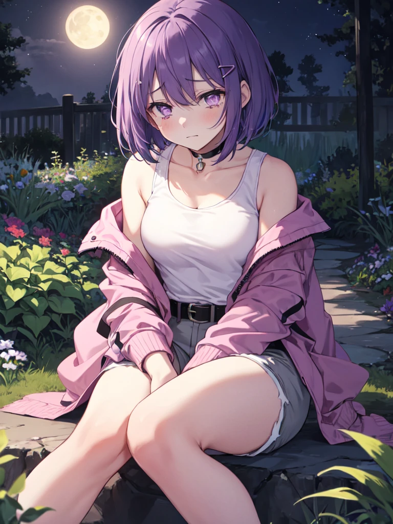 1 girl, solo, Purple Hair, Bob Hair, Beautiful , , white tank top,Grey shorts,Black belt, black choker, hair clips,Pink jacket,Slanted Eyes, Light purple eyes, anxiety, uneasy smile, Sad face, expression that makes you want to cry, sitting,Place your hands on your knees,Looking down, high definition , simple background, garden,Moonlit Night, best quality, anatomically correct, masterpiece,
