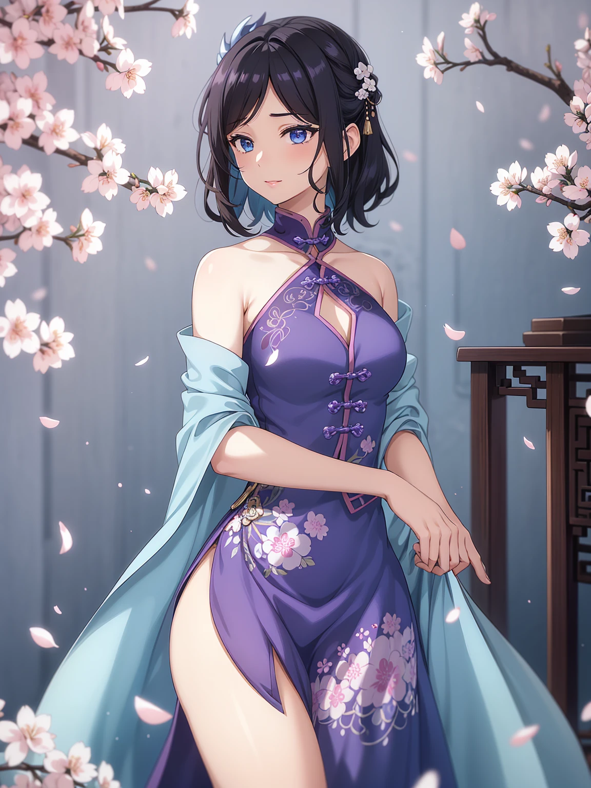 (high-quality, breathtaking),(expressive eyes, perfect face) 1female, girl , solo, teenager, asian woman hairstyle, short hair length, soft wave, black hair color, Heterochromia left eye blue and right eye purple, white and black dress, shawl, blue and purple background, music, gentle smile, swirls in background, music notes background, beautiful background, symmetrical eyes, Qing Dynasty Costumes, hairpin, cherry blossom background, intricate details
