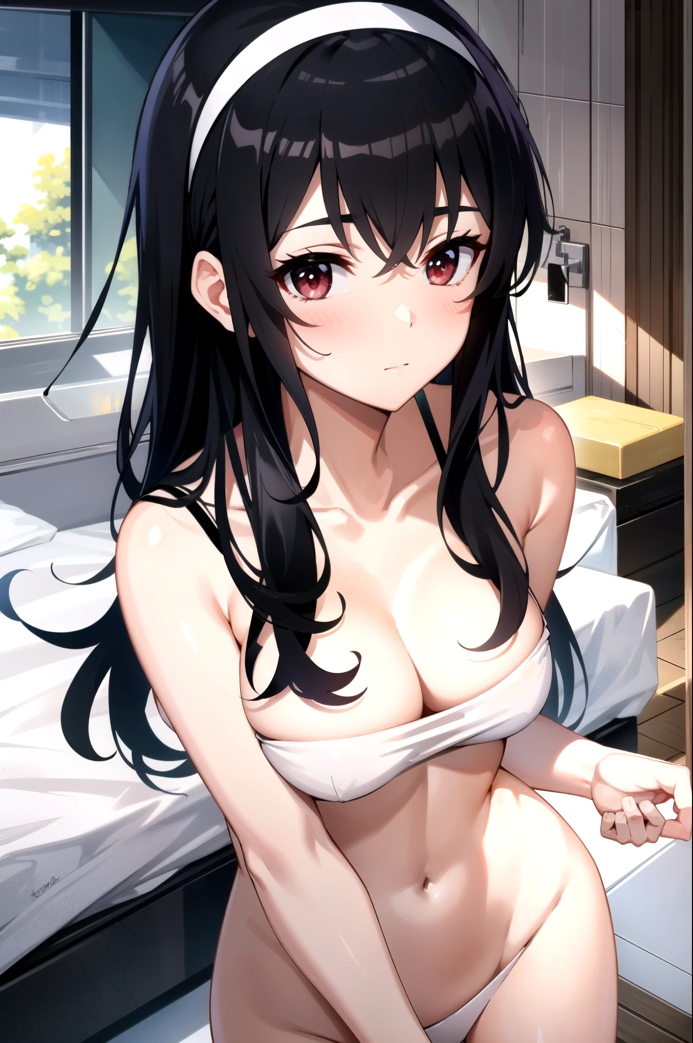 shinkai makoto, kimi no na wa., 1girl, bangs, bed sheet, black hair, blush,  twisted half up, red string ribbon, long hair, upper body, Brown eyes, looking at the viewer, worried eyes , nude, arms up, medium breast, pink nipples, open mouth, missionary sex position, cowboy shot, groin, lying, on back, vagina, bedsheets, spread legs,cummings, vagina inserted by penis, sperms, creampie, POV (POV naked boy's two  hands hold girl's legs POV), sex, missionary sex