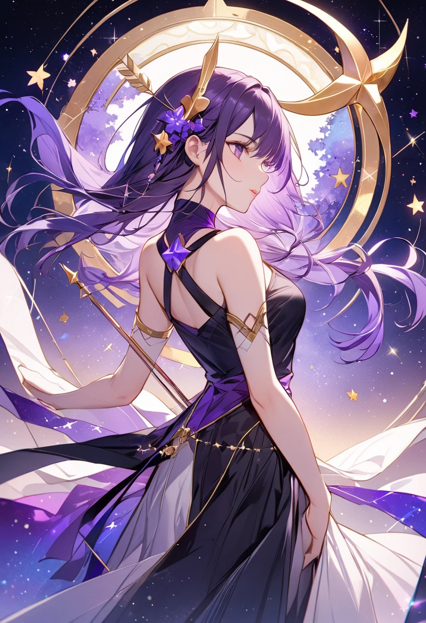 The Raiden Shogun's long violet hair is braided. At the right side of her head is an ōgi-bira kanzashi (fan-shaped hairpiece) which appears to have belonged to Ei's twin sister, Makoto; it is adorned with two pale violet flowers that resemble balloon flowers.

Her outfit consists of a shear dark purple bodysuit under an extremely short lavender kimono. The sleeves of her bodysuit completely cover her arms and terminate at golden rings on her middle fingers, partly cover her palms and the tops of her hands. The back and sleeves of her kimono are decorated with tomoe, flower, and wave patterns in shades of purple and gold. Her kimono is fastened with a crimson obi tied into a bow at her back. She wears dark purple thigh-high stockings with small diamond openings at the top and high-heeled sandals; her right ankle is adorned with two of the same flowers in her hair and on her kimono. Her nails are painted purple. A small red ribbon sits at her neck over her bodysuit, which covers her neck and shoulders but leaves open a window for her chest and upper back. There are also three objects on her outfit with the Electro symbol: a black pauldron on her left shoulder, a tasseled ornament at the front of her obi, and a fan-like ornament on her obi's bow.

Glowing Ornaments
While wearing Narukami's Law, when the Raiden Shogun's Elemental Burst is ready, the three objects on her outfit with the Electro symbol on them will glow the way other characters' non-Vision gems glow along with their Visions.

Projection of Elemental Symbol
When switching to the Raiden Shogun when her Elemental Burst is ready, the projected elemental symbol that is typically seen over other characters' Visions is not seen anywhere while wearing Narukami's Law. SPARKLE; GLITTER