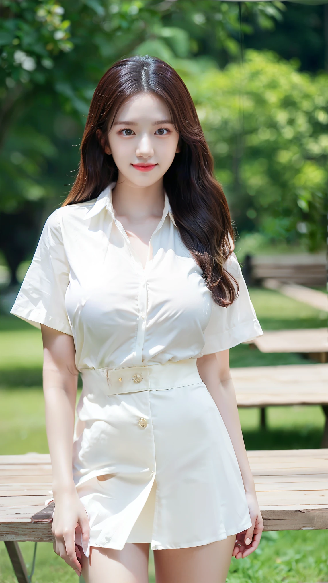 woman、、very cute、Large breasts、I can see the valley、Beautiful legs、Long legs、Stylish、I have long hair、He's wearing a white button-down shirt、The top 3 buttons are open.