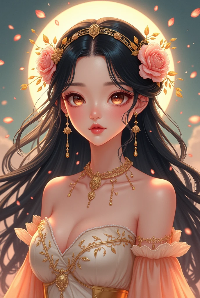 Ultra detailed anime art style (upper body illustration of a gorgeous Goddess wearing soft colored robes), very detailed face, rosy lips and cheeks, (art nouveau merged with anime), billowing, metallic accents, fantasy, traditional art, bloom, lush, innocent, whimsical, art deco, best resolution, best quality, insane amount of details,