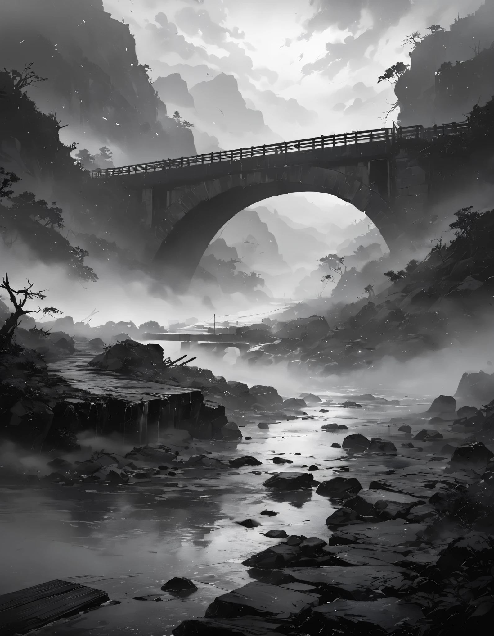 ((Surprisingly bizarre )),(masterpiece:1.2),超 high definition ,  Attention to Details ,  High Quality ,  high definition , 最 High Quality , 4K, 8k、 landscape painting、The Bridge Seen from Deep in the Fog 、 misty 、 black and white tones 、Kawahara After the Battle 、 An eerie and mysterious work