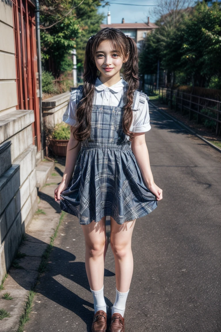 (masterpiece,best quality), (genuine, realistic, photo-realistic), 8k,RAW photo, high resolution photograph of a Japanese beautiful girl, solo, 1girl, a high school student, beautiful face,thin nose,(dark hair,straight hair, twintails hair, hair scrunchie:1.2), (dark-blue pinafore dress, bowtie, high school uniform:1.3), looking at viewer, (full body, standing, open legs, bowlegged, socks, loafers:1.5), (skirt lift, lifted by self, skirt 's hem grabbing:1.5), (peeing self, urination:1.6), (pee stain, pee running down her legs, pee puddle:1.2), view from below, photo background, Starbucks, coffee shop, terrace seats, cityscape,