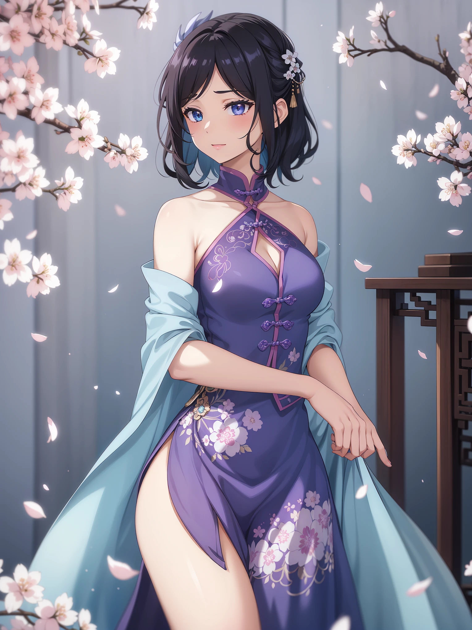 (high-quality, breathtaking),(expressive eyes, perfect face) 1female, girl , solo, teenager, asian woman hairstyle, short hair length, soft wave, black hair color, Heterochromia left eye blue and right eye purple, white and black dress, shawl, blue and purple background, music, gentle smile, swirls in background, music notes background, beautiful background, symmetrical eyes, Qing Dynasty Costumes, hairpin, cherry blossom background, intricate details
