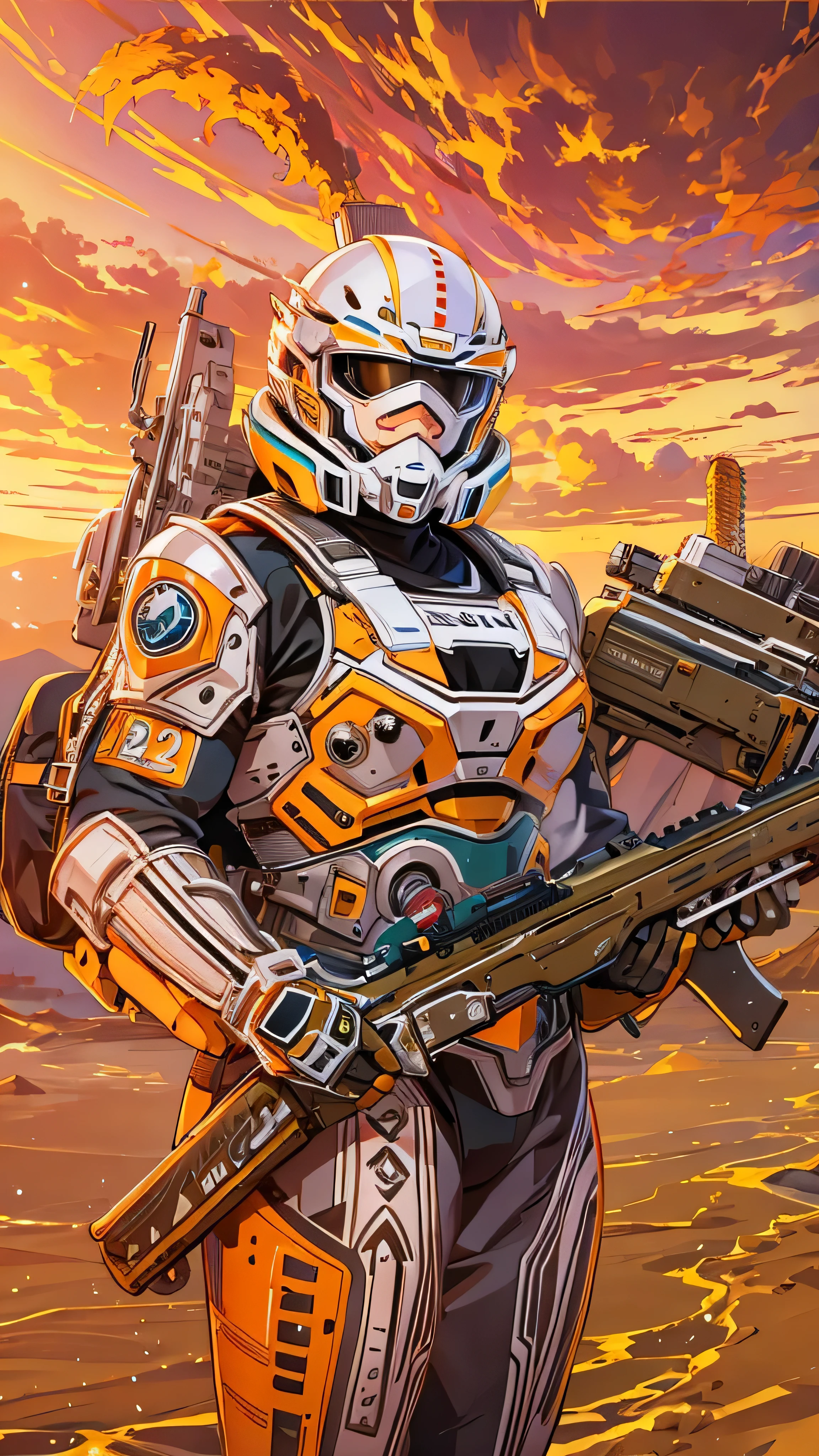 There&#39;s a woman with a gun in front of the spaceship.,  Ultra Realistic Fantasy Art ,  Doom Eternal ,  female stormtrooper ,  Background Heaven Planet , Inspired by Jan Victors, A boy with a shotgun in the foreground, Orianna, Gray Orange, Sand Dunes (2021) :9-5 o&#39;clock.1