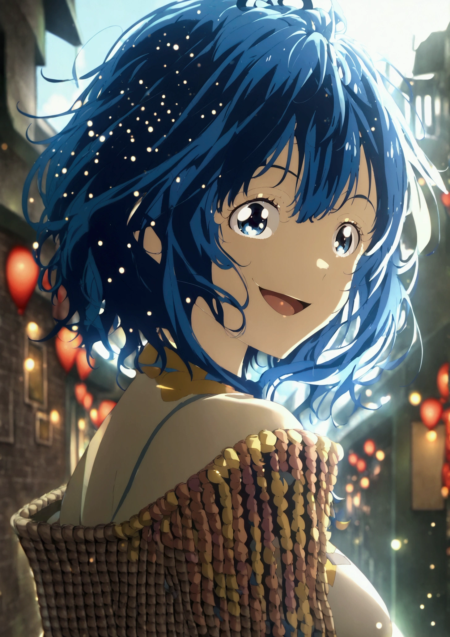 yanamianna, medium hair, ahoge,blue hair,blue eyes, medium breasts, (happy smile:1.2), (cropped knit:1.2), brown cropped knit, checked skirt, emphasis breasts, fantacy street, full-body shot, best quality, high quality, ultra-detailed, high resolution, best quality, detailed background, super detailed, detailed shading, solo, alone,