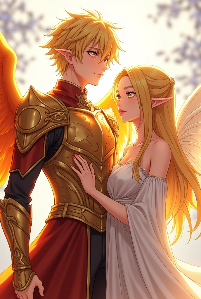 Prince man gentleman athletic anime-style boy With short golden hair and honey-colored eyes , dressed in armor with scales in the shape of a phoenix and wings of a fire phoenix. Y Next to his twin sister tall girl with golden hair and honey-colored eyes dressed as a fairy in a white dress and with quetzal wings
Full body