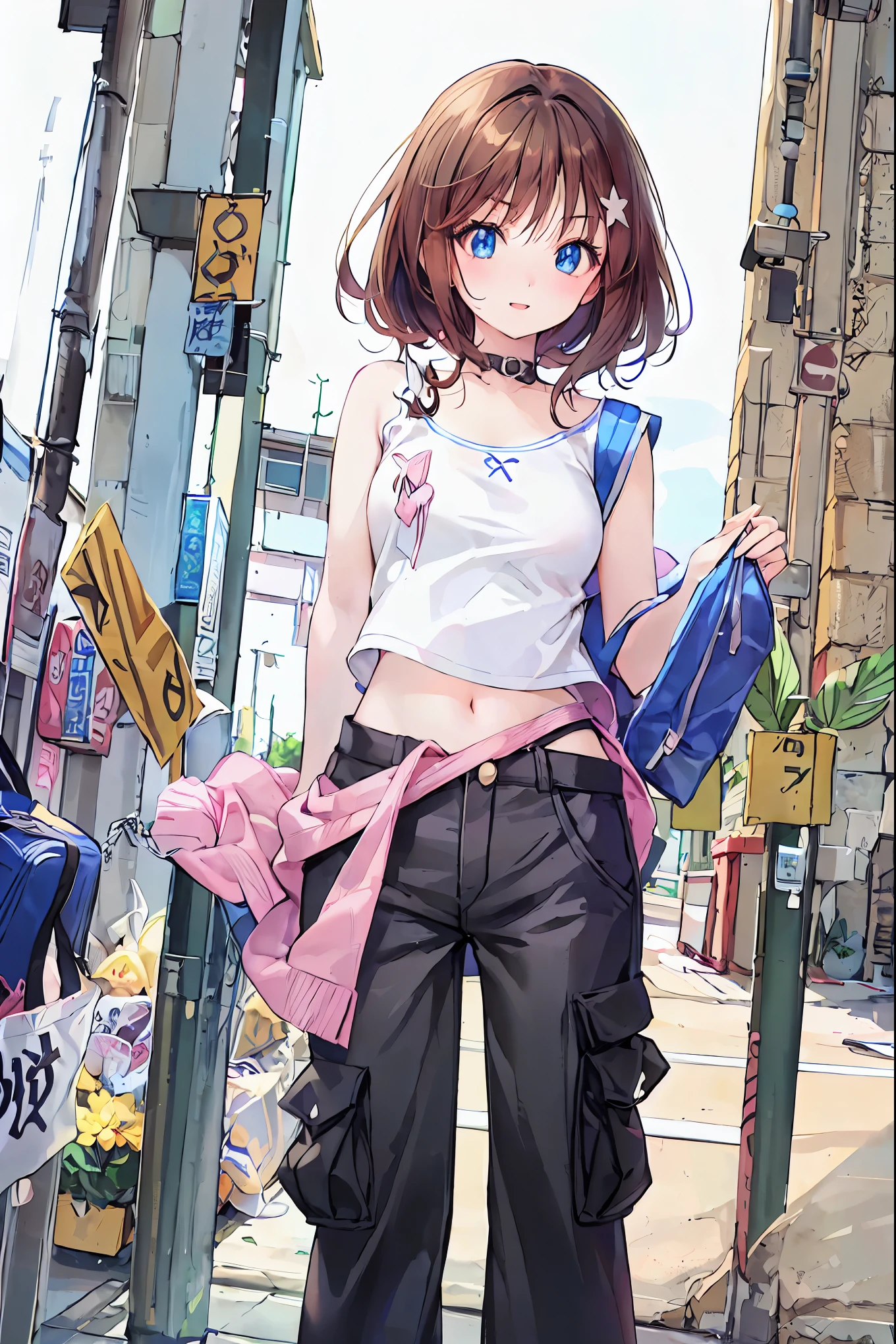 ((masterpiece)), (Anime:1.5), (( best quality)), ( RAW photo:1.2), ( high definition :1.3), (Professional photography:1.2), (chromatic aberration), one girl , (()), (Serious), ( beautiful brown eyed middle school students :1.3), Viewers, Plain Shirt, O-ring, Bedhead, Medium Hair , ( pants that have a small hip area), (( work pants)), 明るい brown hair, ( small ), Cute waist, Outdoor, ((Top of the big bell tower)), brown hair, shortcut , hair is disheveled, Short Braided Hair ,Neat, Slender Beauty ,Dignified posture, small ,Beautiful legs,Her mesmerizing grey-blue eyes shine like stars., bright color , beautiful eyes ,A delicate smile,textured skin, best qualityのものが最高, gentle and beautiful woman ,Anime風、
