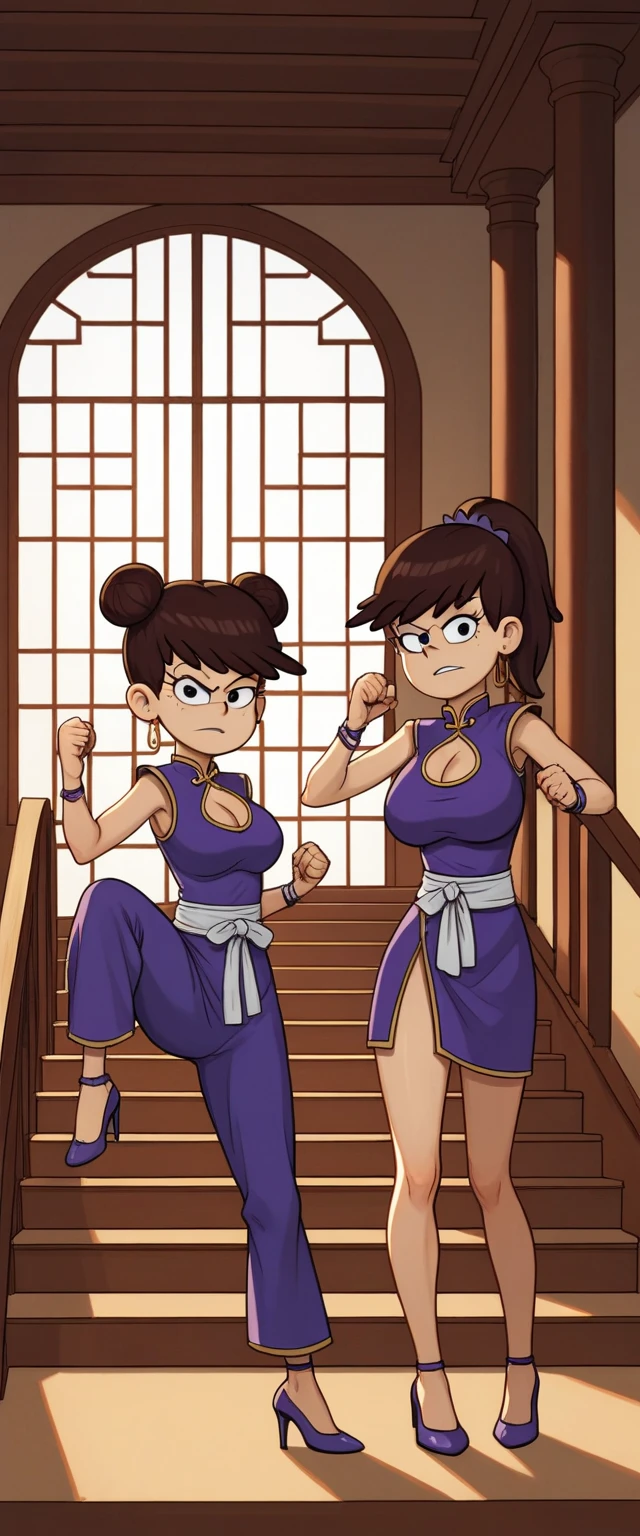 luna loud, 2girl, duo, 24yo girl, large breasts, purple cheongsam, inside of a chinese temple, looking at viewer, brunette hair, two hair buns , hands  score_9, score_8_up, score_7_up, high heels, teep fighting stance,martial arts, stairs behind her, guarding the stairs, chest window, twins