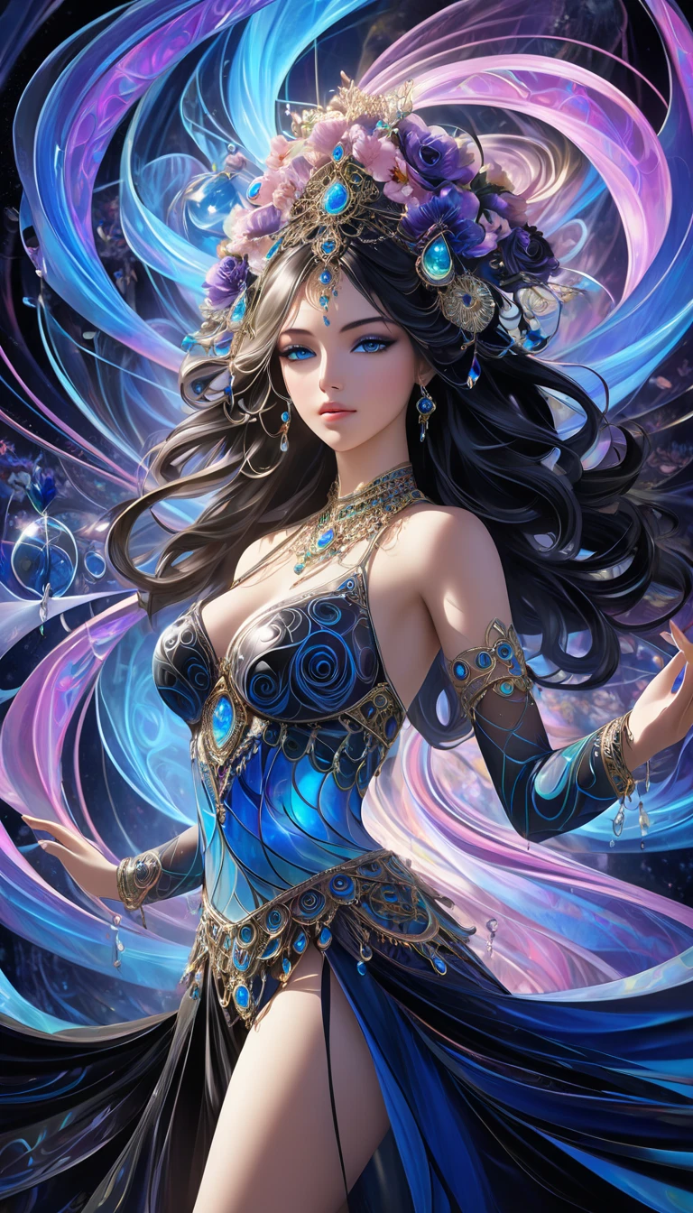 (masterpiece, top quality, best quality, official art, beautiful and aesthetic:1.2), (1girl:1.3), extremely detailed,(fractal art:1.2),colorful,highest detailed,(zentangle:1.2), (dynamic pose), (abstract background:1.5), (traditional dress:1.2), (shiny skin), (many colors:1.4), realistic style with fantasy elements,high-definition,realistic blue and light black,charming realistic characters,shiny skin,Surrealism,detailed clothing, ((( light particle effect,glowing,dress))), (filigree art:0.9),(fractal art:1.3),buling, flowers, floral:1.0,jewel, shiguang