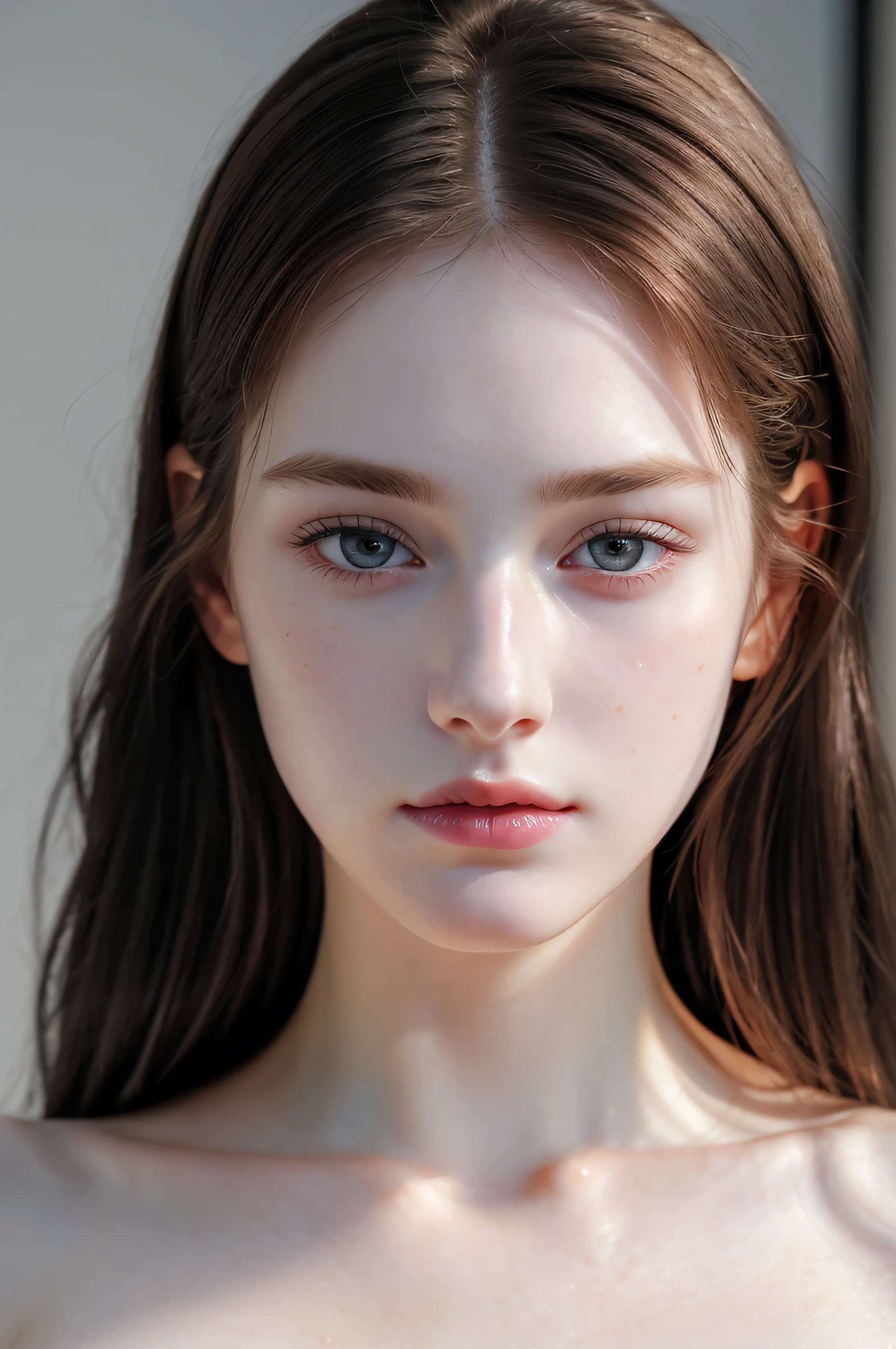 (photorealistic), best compositin, Portrait photo of a breath taking beautiful 18yo American supermodel, pale skin, natural facial skin without make-up, k pop, nude, naked, big breasts, impressive cleavage, porkies, pink nipple, frontal view, soft lighting, dark blackground contrast with white skin, ultra detailed facial features, realistic eyes, detailed eyes, facing straight at camera, 16K, UHD, RAW, masterpiece, win award.