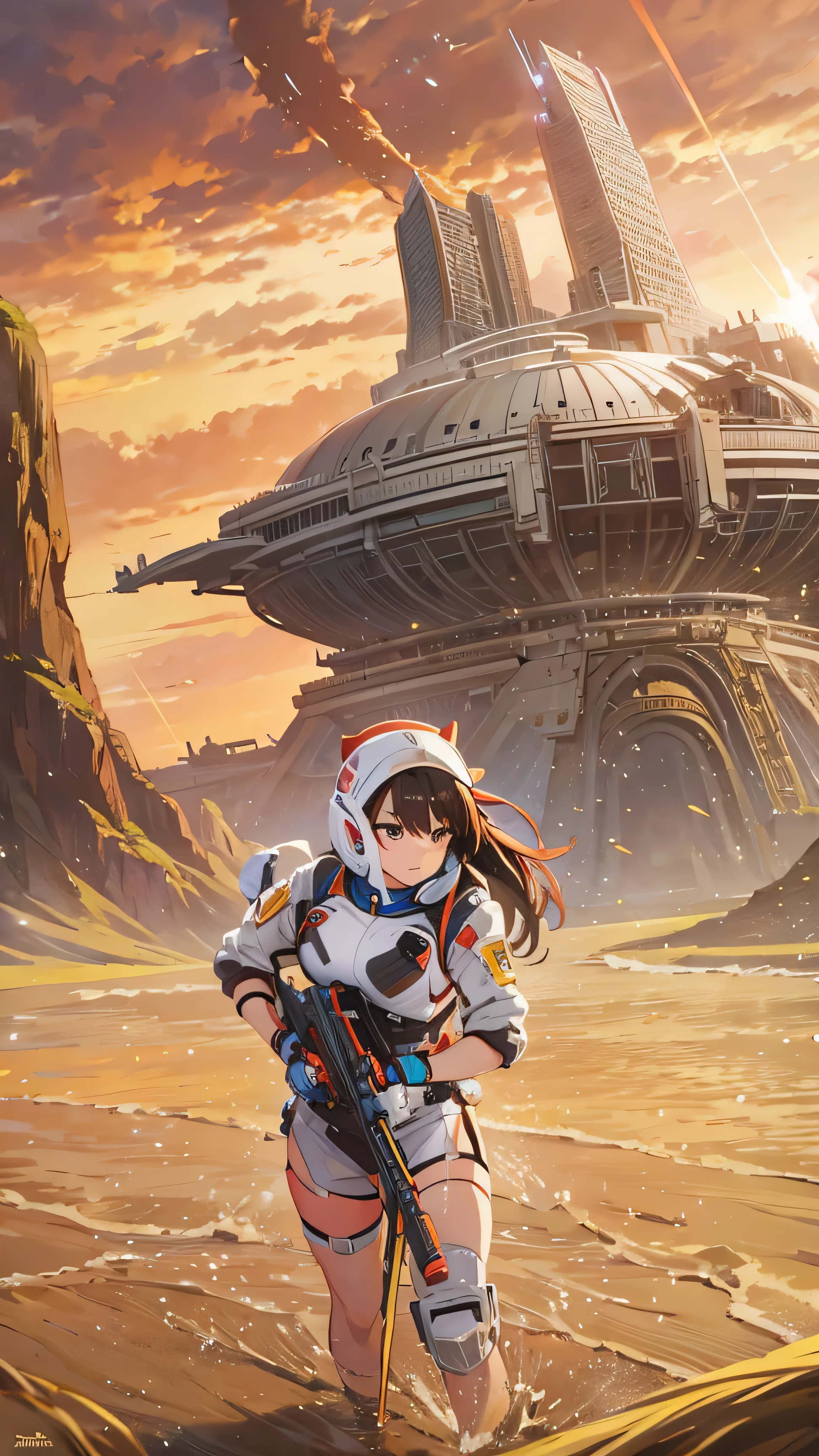  There&#39;s a woman with a gun in front of the spaceship.,  Ultra Realistic Fantasy Art , Doom Eternal ,  female stormtrooper ,  Background Heaven Planet , Inspired by Jan Victors, planet in foreground、Orianna, gray, Sand Dunes (2021) :9-5 o&#39;clock.1