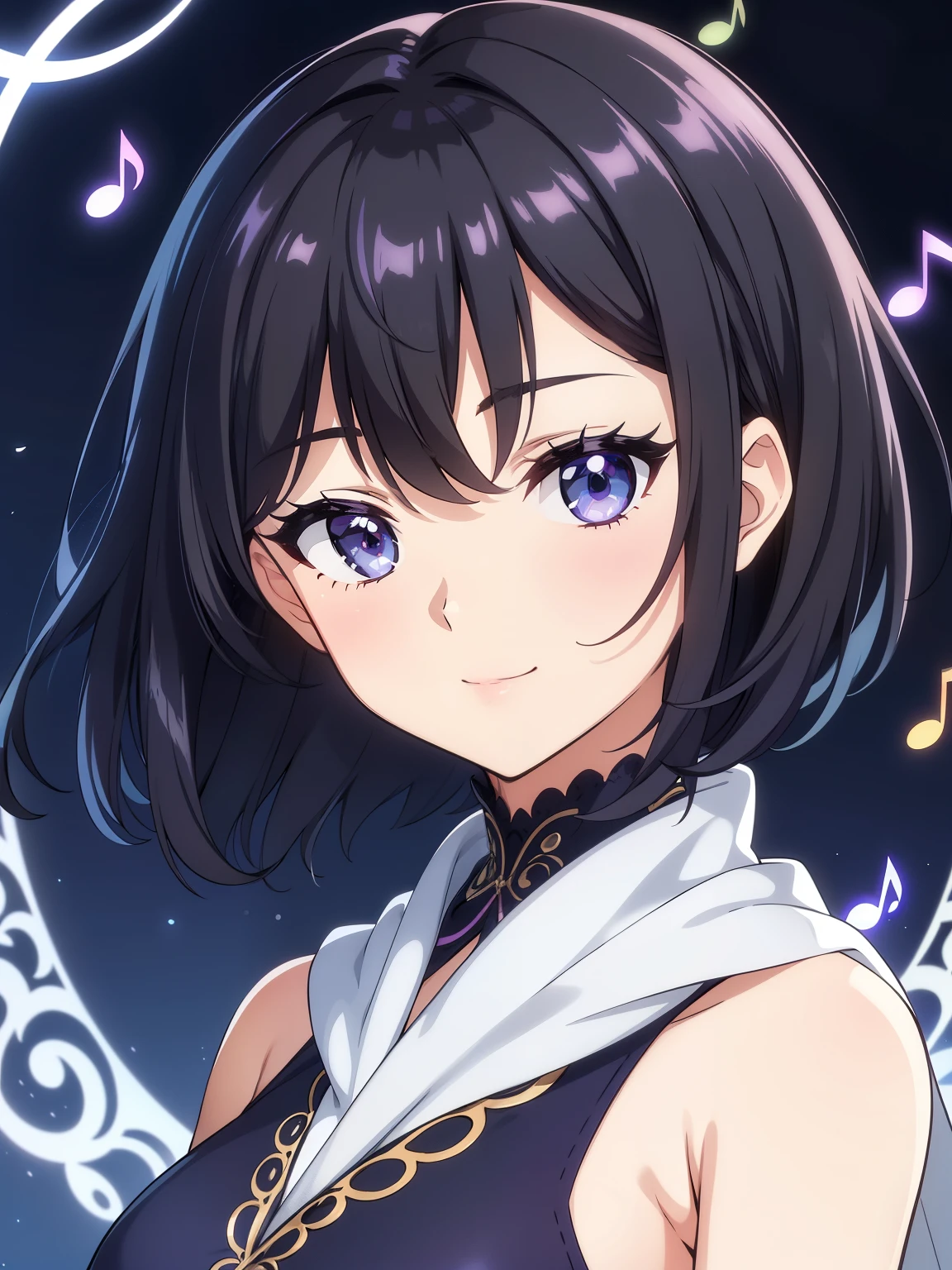 (high-quality, breathtaking),(expressive eyes, perfect face) 1female, girl , solo, teenager, asian woman hairstyle, short hair length, soft wave, black hair color, Heterochromia left eye blue and right eye purple, white and black dress, shawl, blue and purple background, music, gentle smile, swirls in background, music notes background, beautiful background, symmetrical eyes, hairpin,  intricate details
