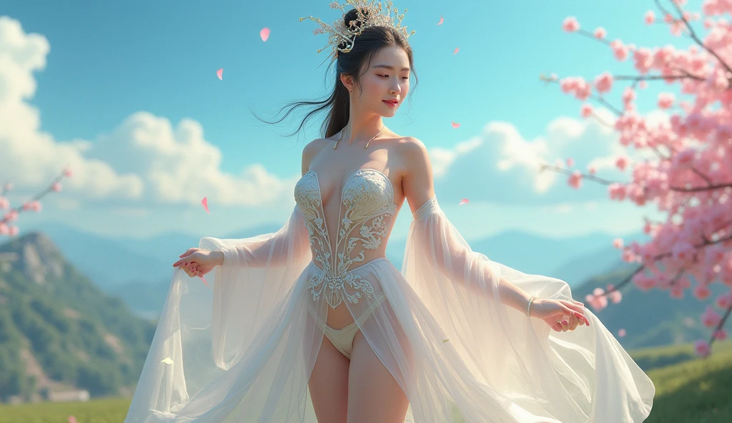 A story of a beautiful girl surrounded by love, Beautiful eye details, An enchanting anime girl gracefully emerges from the watercolor page, Her vibrant and complex colors, Bring your artwork to life, (See-through, transparent clothing, Transparent costume:1.5), She wears a fantasy see-through outfit with transparent breasts adorned with delicate details, Fascinating worldview, Luminous body, Glittering crystals surround her like air., Soft Cast, Otherworldly brilliance, Watercolor style、Give your images fluidity and delicacy, It&#39;s as if the colors are blending and blending naturally., Camera shooting: Medium Shot, Soft Focus, Illuminate　Lighting, Watercolor brush strokes, Refined and highly detailed anime illustrations, Open-chested outfit, Iridescent colors, A beautiful girl illuminated by rainbow lights,