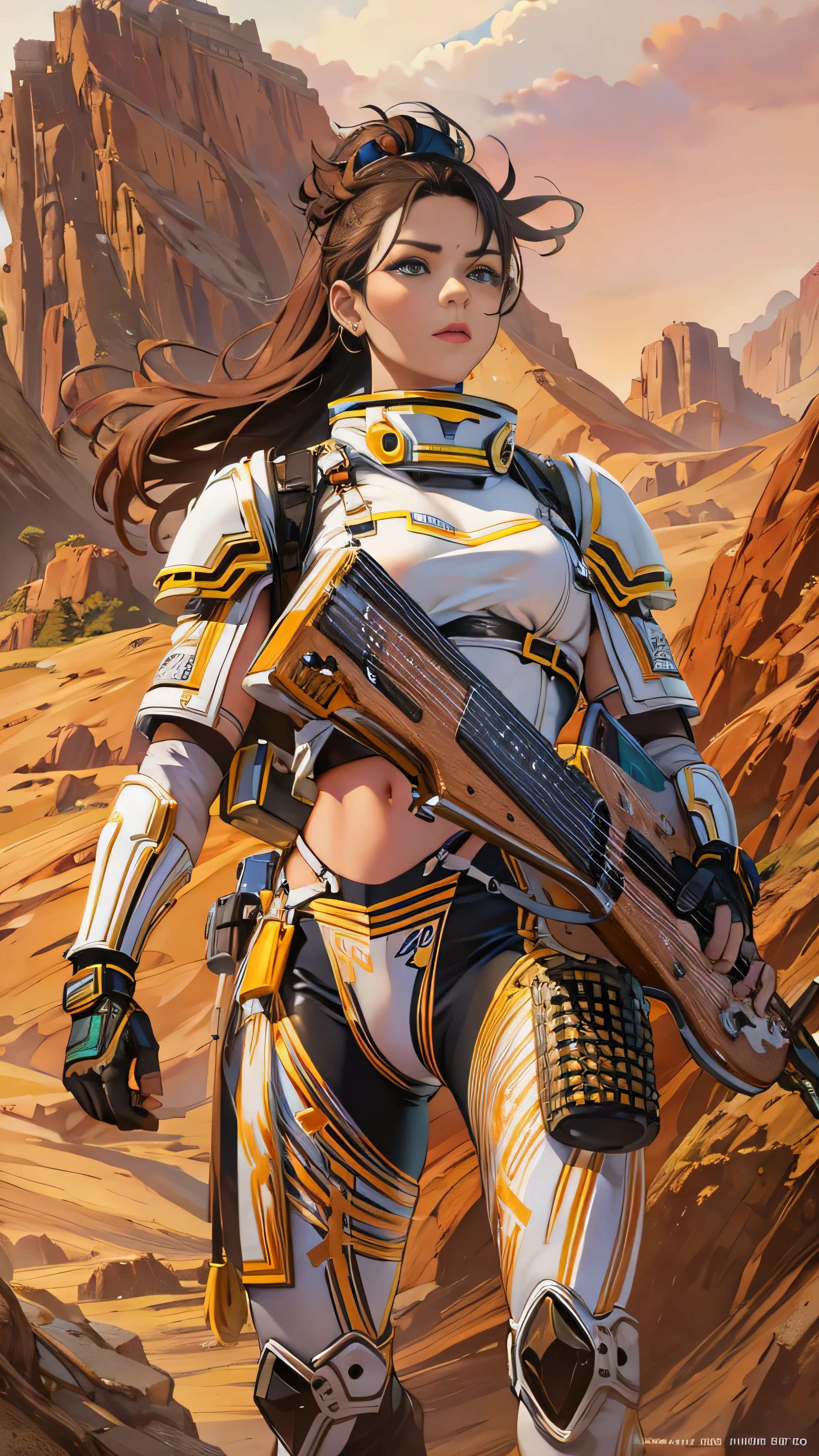  There&#39;s a woman with a gun in front of the spaceship.,  Ultra Realistic Fantasy Art , Doom Eternal ,  female stormtrooper ,  Background Heaven Planet , Inspired by Jan Victors, planet in foreground、Orianna, gray, Sand Dunes (2021) :9-5 o&#39;clock.1