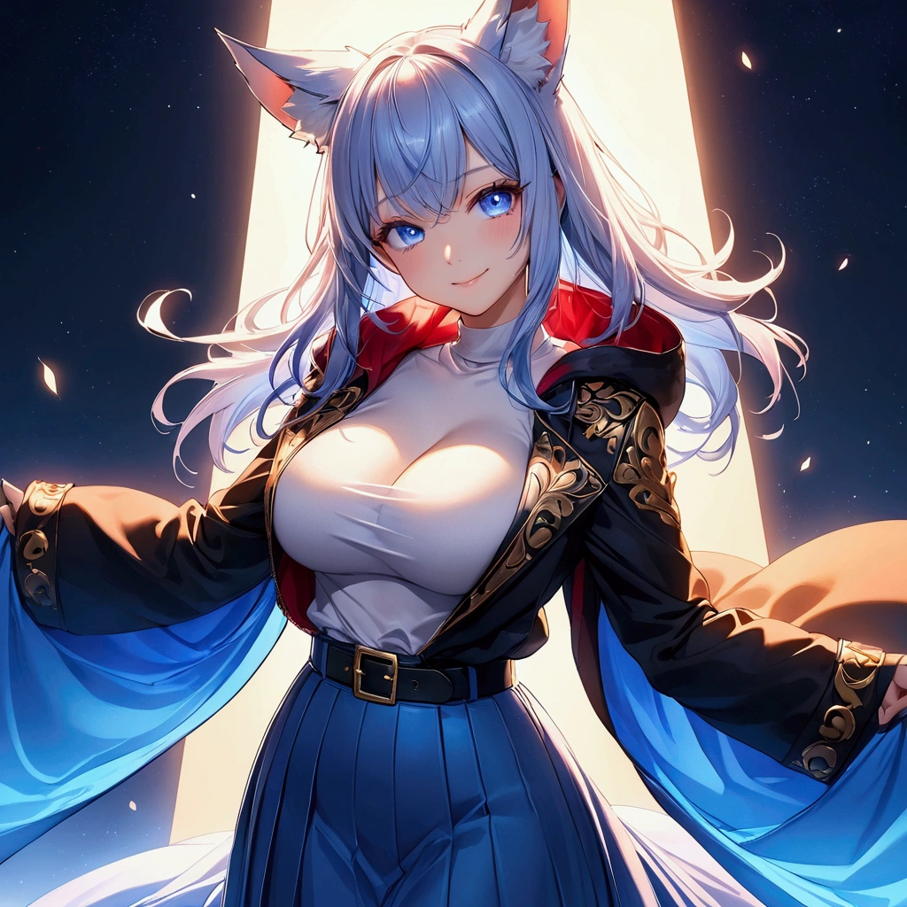 Create fox with nine tails human girl, anime, blue hair, Chinese clothing with neckline, with large breasts. --auto --s2