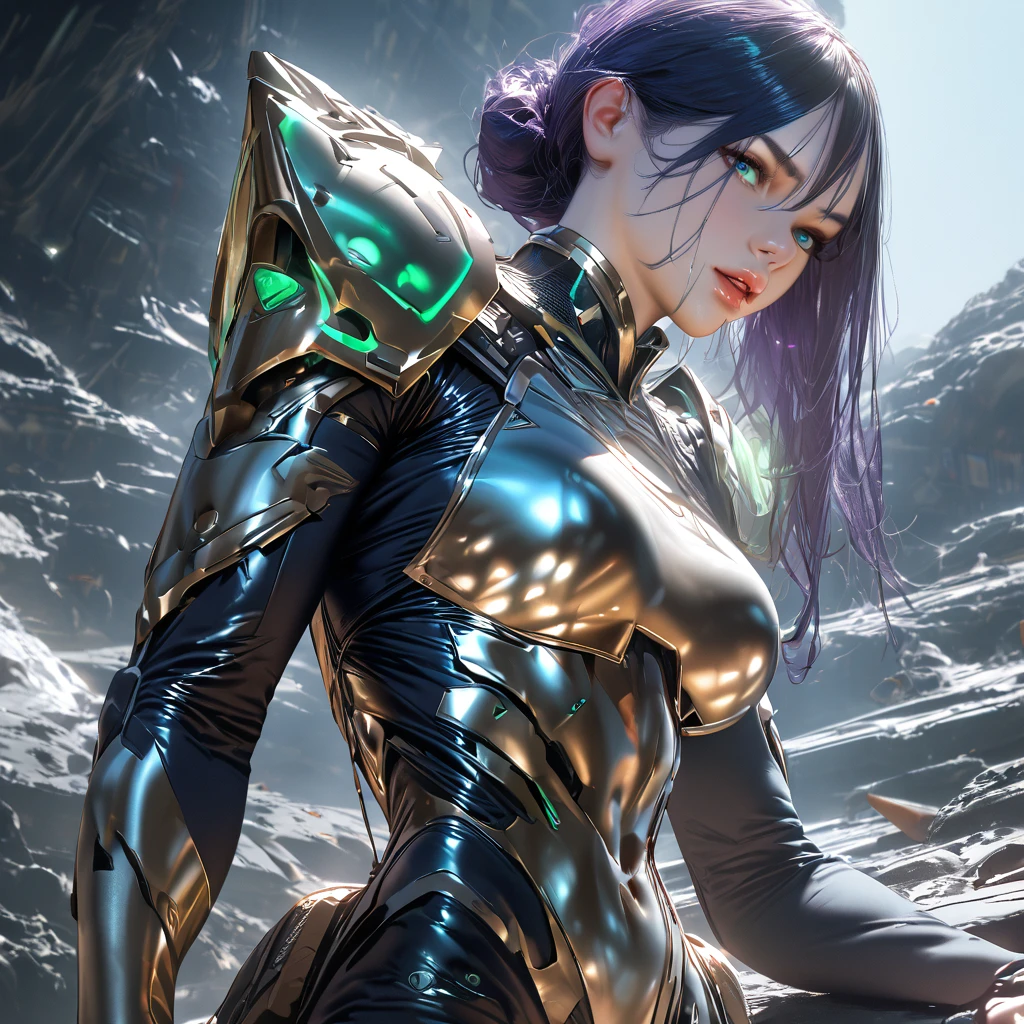 1girl, ice-blue eyes, deep indigo hair with hints of metallic green. Her skin is an iridescent bronze with a faint shimmer, a scar across her left eyebrow, lean, muscular build, Subtle glowing lines in a soft teal across her temples, neck, and forearms.  she dresses in worn, fitted armor, marked by years of scrapes and close calls.  battle with alien in asteroid-filled system on the outskirts of the galaxy. high contrast, hyper-realistic, photorealistic, 8k, best quality, masterpiece, Anatomically Correct, Super Detailed, High Resolution, ((detail eyes))