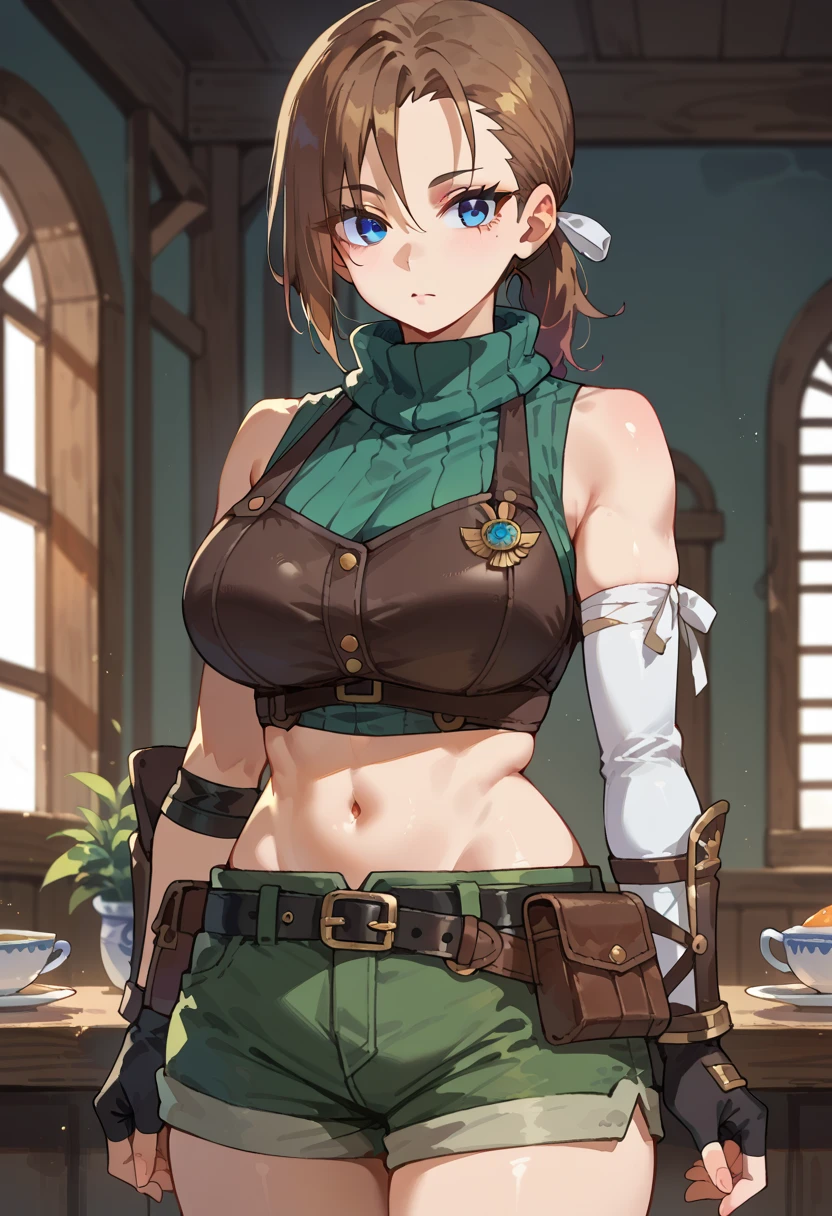 RhudaRunebeck, long hair, asymmetrical bangs, brown hair, low ponytail, short ponytail, white ribbon, blue eyes, 
turtleneck, sleeveless, ribbed shirt, green shirt, crop top, breastplate, navel, elbow gloves, fingerless gloves, black gloves, arm guards, 
black belt, belt pouch, short shorts, green shorts, 