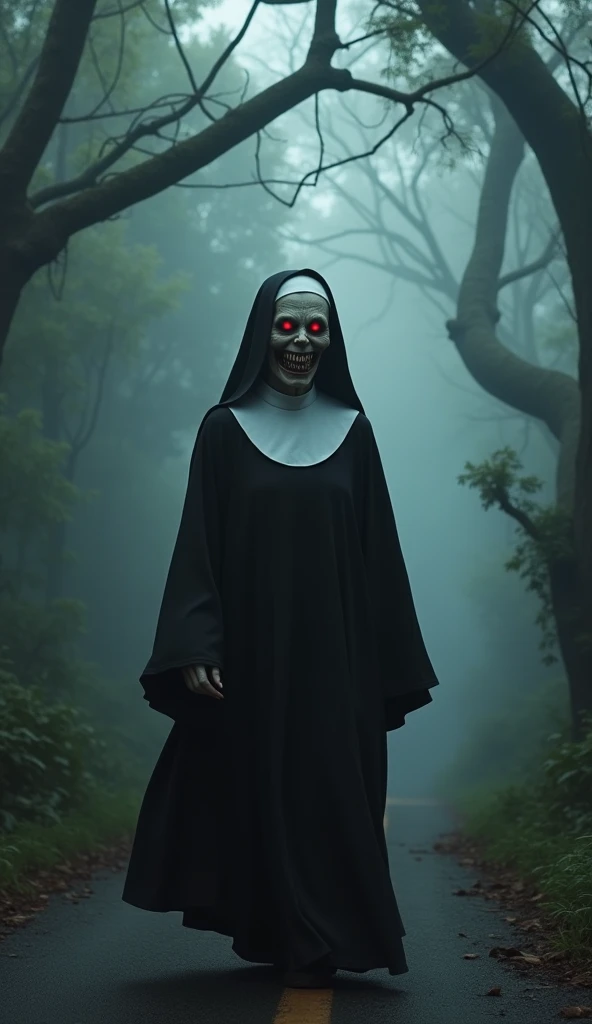 best qualityer,high resolution,realisitic,ultra detali,photorealisitic:1.37,horor,Valak from The Nun,tenebrosa,evil,nun,nasty,demonic spirit possessed,long tenebrosa hair,pale white face,piercing yellow eyes,sharped teeth,religious habit with veil,spooky ambiance,frightening presence,mysterious lighting,expressão evilévola,sinister grin,ominous aura,Demonic power,scary setting,Ruined church,Religious Symbols,cemetery,thunderstorm,misty fog,sinister presence,Terror,horrible,frightening presence,nightmare inducing.