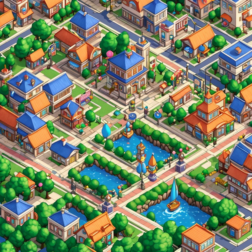 a town, isometric view, map tile, simple background, masterpiece, best quality, 8K, maximalist, sailor moon style