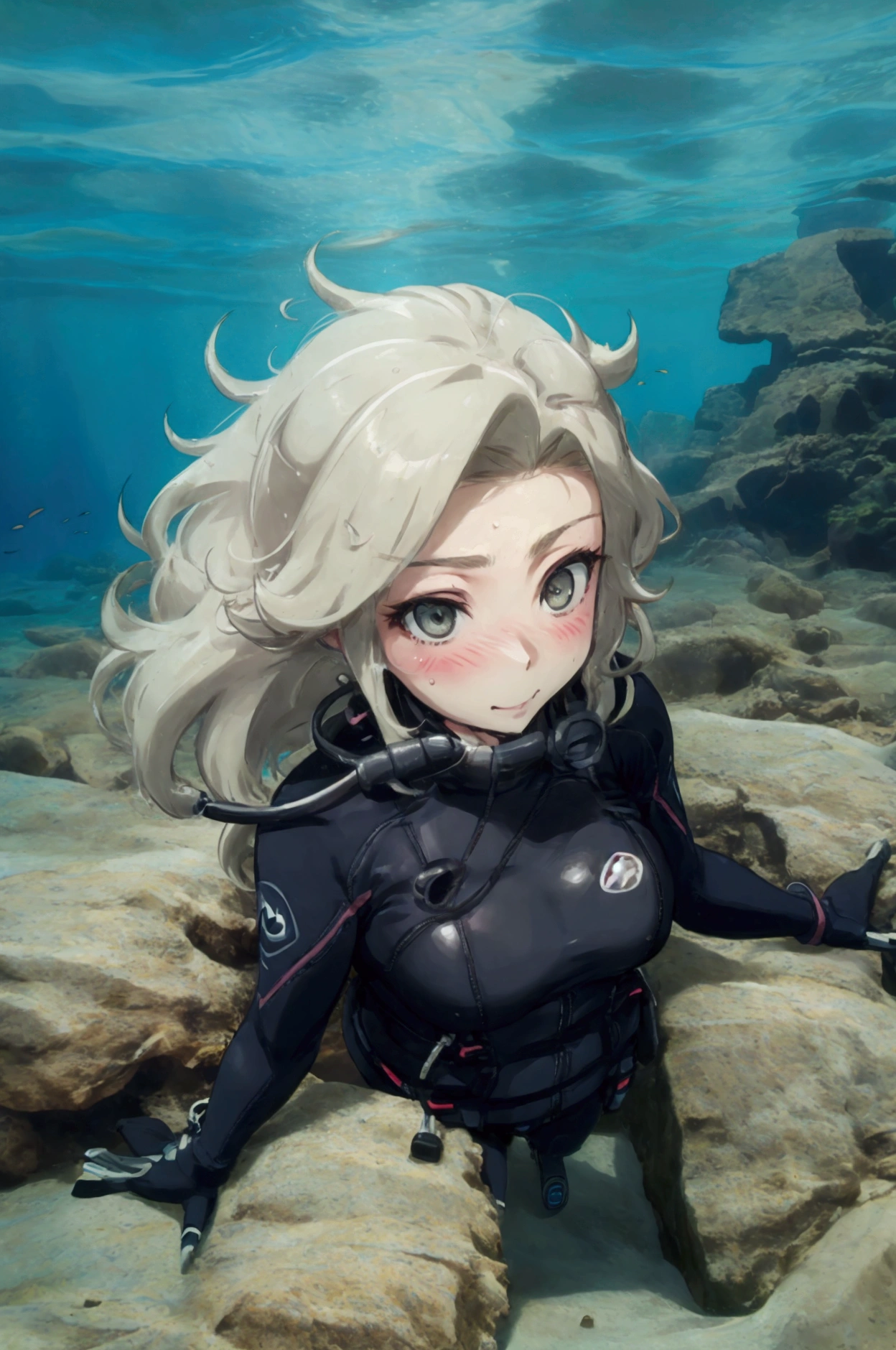 woman, looking relieved, blushing, scuba gear, curvy, hot, sexy, blonde hair, underwater, full body shot, in the ocean