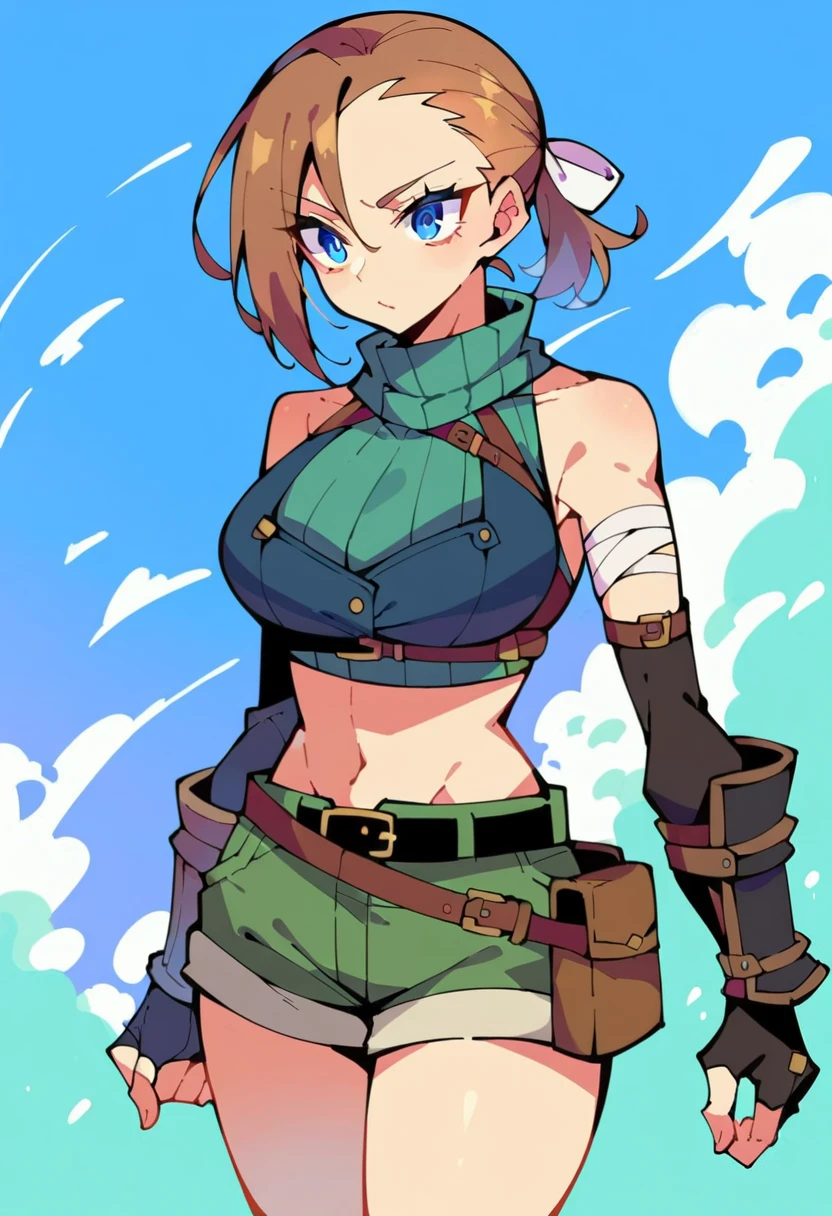 RhudaRunebeck, long hair, asymmetrical bangs, brown hair, low ponytail, short ponytail, white ribbon, blue eyes, 
turtleneck, sleeveless, ribbed shirt, green shirt, crop top, breastplate, navel, elbow gloves, fingerless gloves, black gloves, arm guards, 
black belt, belt pouch, short shorts, green shorts, 