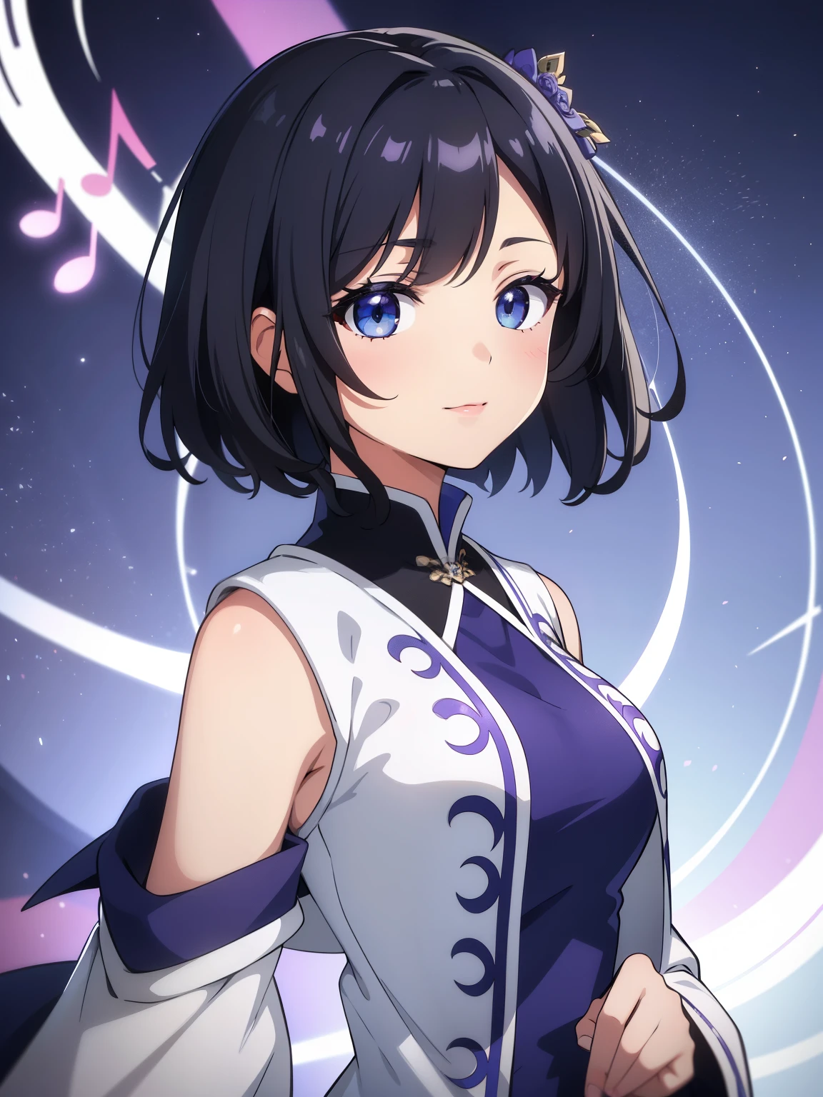 (high-quality, breathtaking),(expressive eyes, perfect face) 1female, girl , solo, teenager, asian woman hairstyle, short hair length, soft wave, black hair color, Heterochromia left eye blue and right eye purple, white dress, black cropped jacket, blue and purple background, music, gentle smile, swirls in background, music notes background, beautiful background, symmetrical eyes, hairpin, intricate details
