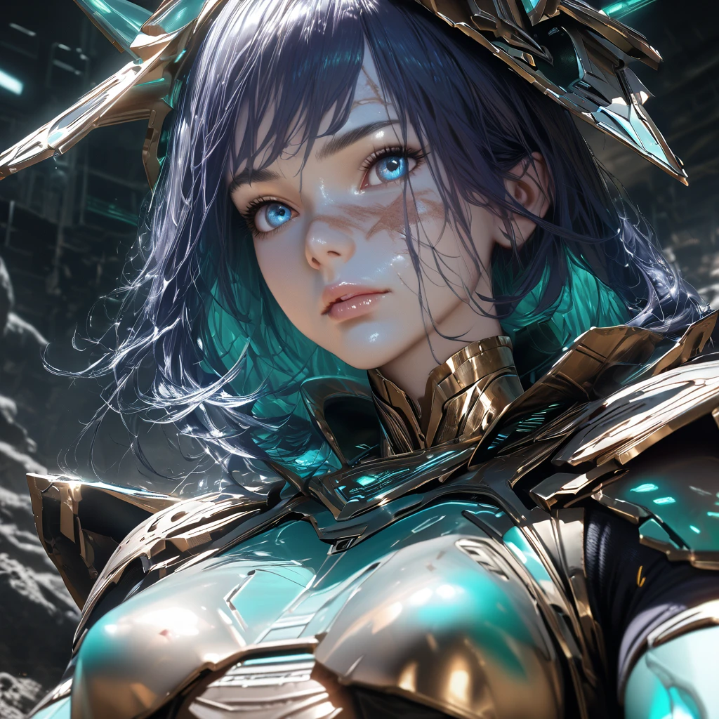 1girl, ice-blue eyes, deep indigo hair with hints of metallic green. Her skin is an iridescent bronze with a faint shimmer, a scar across her left eyebrow, lean, muscular build, Subtle glowing lines in a soft teal across her temples, neck, and forearms.  she dresses in worn, fitted armor, marked by years of scrapes and close calls.  battle with alien in asteroid-filled system on the outskirts of the galaxy. high contrast, hyper-realistic, photorealistic, 8k, best quality, masterpiece, Anatomically Correct, Super Detailed, High Resolution, ((detail eyes))