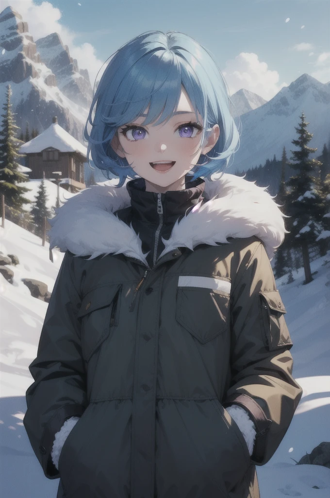 (masterpiece,  best quality,  absurd, 4K,  Aesthetic ,   Details, Complex,  perfect lighting),One person***, upper body,snow,mountain, happy ,:d,Food Up, Fur Trim,Hand pocket with 、 light blue hair 、Purple Eyes