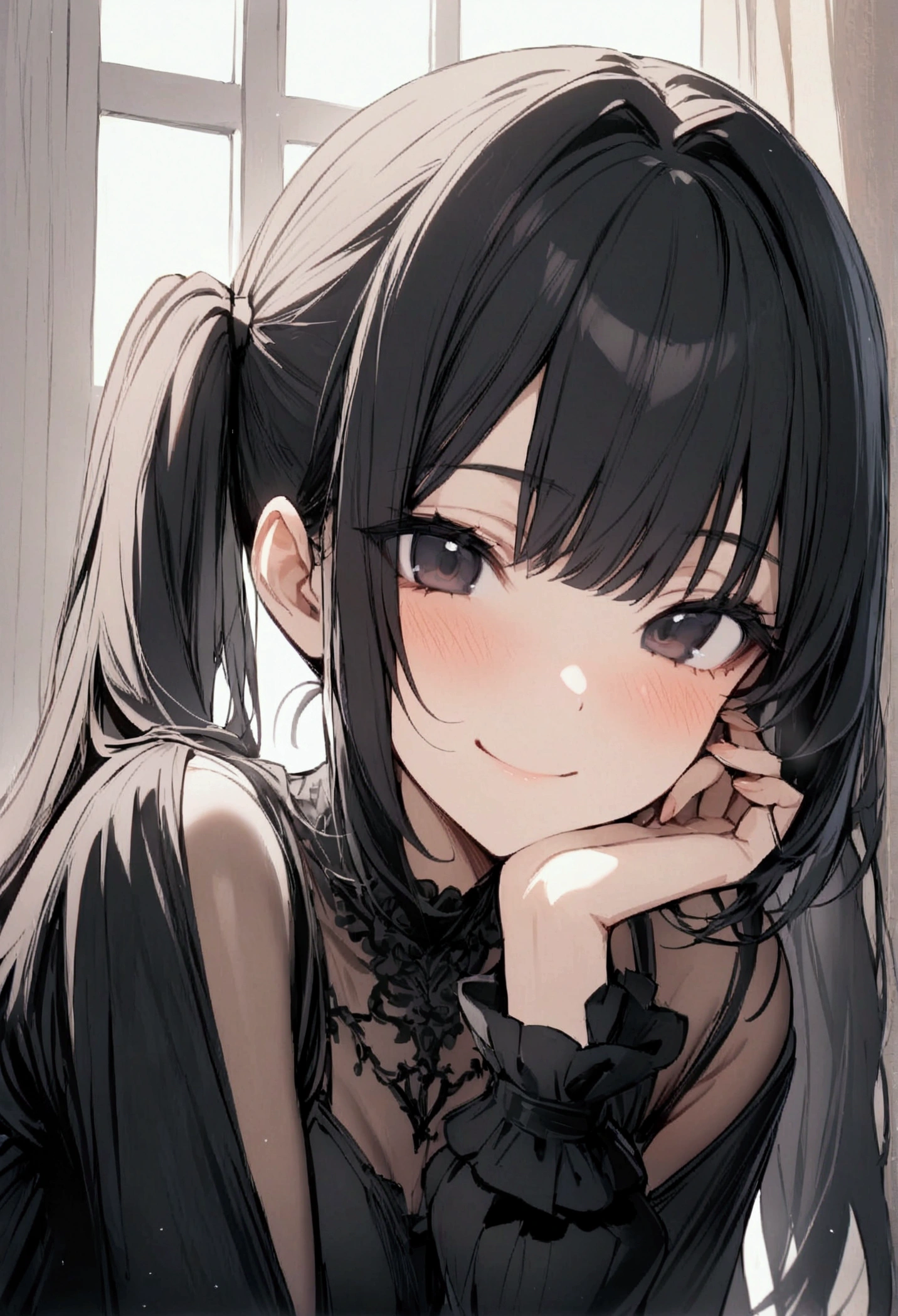 Sit on the sofa,looking ahead,from above,handjob,side view,face focus,open mouth,tongue out,cum on tongue,lick,(1girl,Beautiful 14 year old girl),((Slender,Small breasts,Baby Face,Small face,)),looking at viewer,Black Hair,bangs,two side up,Gray Eyes,Drooping eyes,slit pupils,narrow eyes,Black sweater mini dress,bare shoulder,Beautiful and detailed anime art,Mischievous smile,Dimly lit room,Simple Background,Gray background,Low lighting