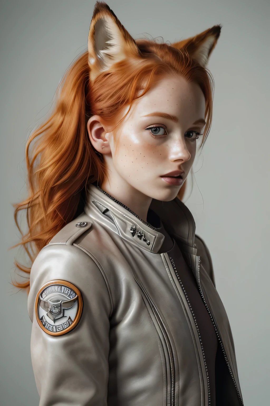 1girl in, age21, Madelaine Petsch, photo of perfect woman, 5'3", Solo, Aesthetic artwork, (irish  redhead, wavy ginger hair, shoulder length ginger hair:1.25), (some small freckles, pale skin, small breasts, B-cup, runners body, very thin waist, skinny, petite, detailed skin texture), (blank background, plain background, blank wall, (wearing an grey pilots jacket over a flight suit, leather jacket on-top of a plugsuit, fox McCloud, starfox cosplay, gender swap Fox McCloud, (small fox ears, fox tail: 1.2)), (extremely detailed 8k wallpaper), soft lighting, high quality, film grain, Fujifilm XT3 sharp focus, f 5.6, 50mm, High Detail, Sharp focus,(natural light), crazy details, complex details, hyper detailed