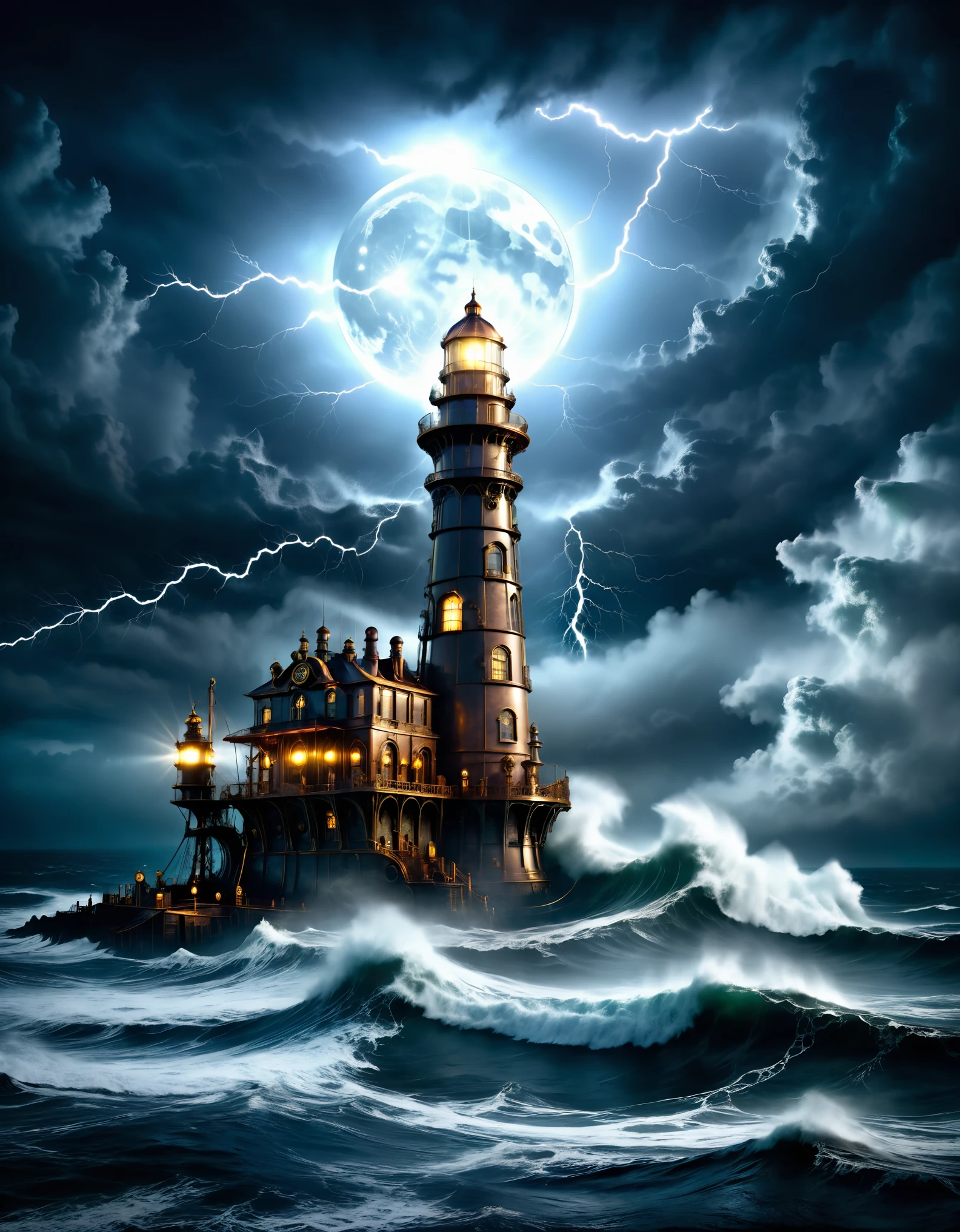  A solitary steampunk lighthouse fighting the storm ,  the light of the full Moon illuminating the tumultuous waves ,  the mystical mist adding an atmosphere of mystery and danger,  as lightning tears through the night sky ,  reflective water , ultra high definition, 3D depth,  inspired by Leonardo da Vinci , Rembrandt- the King of Kings, eu.m.Em. TOURNAMENTS 