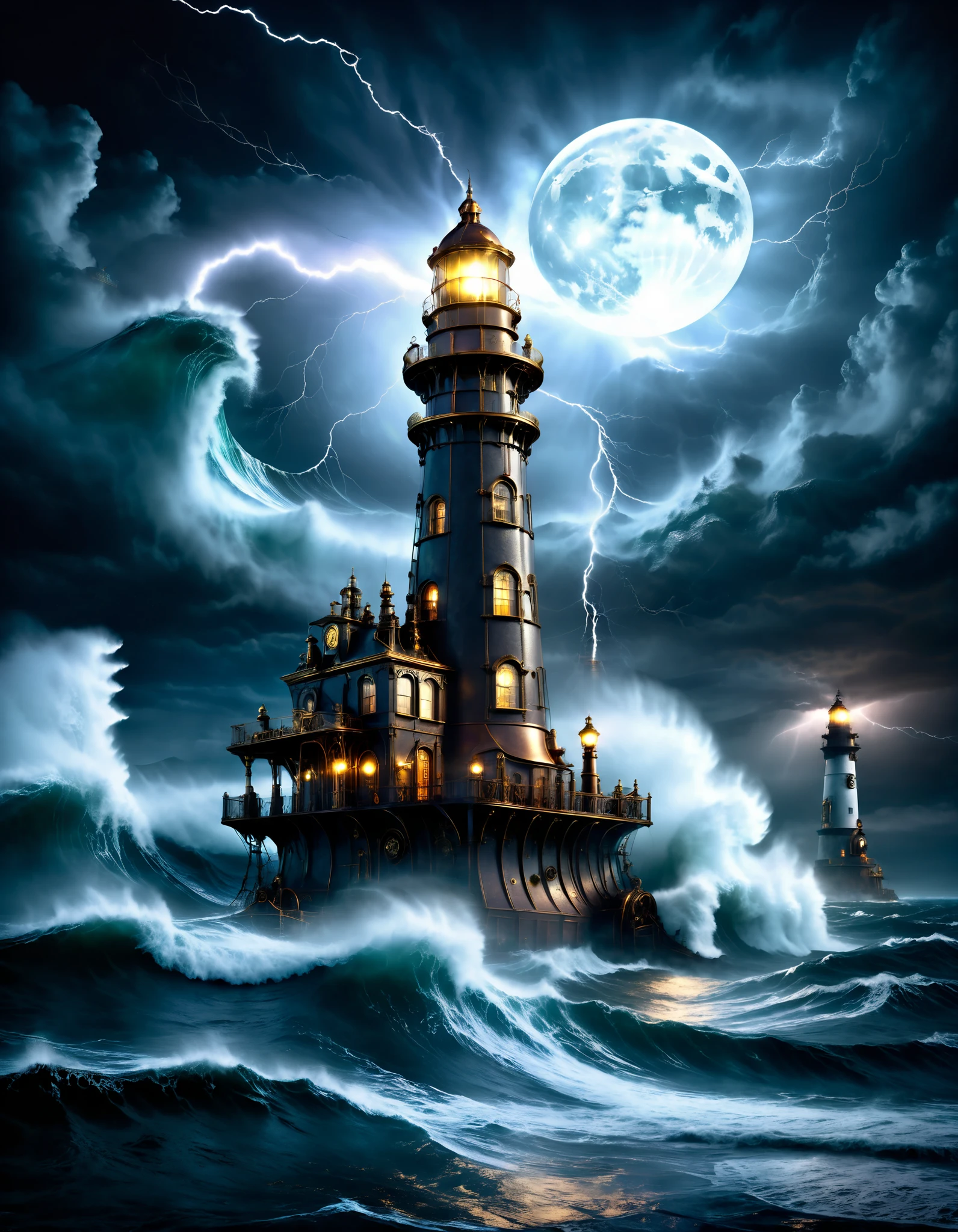  A solitary steampunk lighthouse fighting the storm ,  the light of the full Moon illuminating the tumultuous waves ,  the mystical mist adding an atmosphere of mystery and danger,  as lightning tears through the night sky ,  reflective water , ultra high definition, 3D depth,  inspired by Leonardo da Vinci , Rembrandt- the King of Kings, eu.m.Em. TOURNAMENTS 