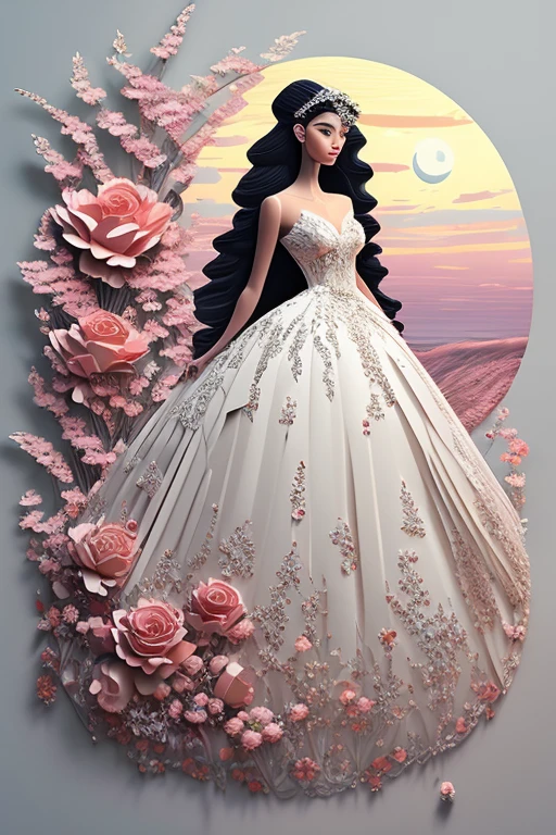 Paper Art、Cut out paper 、Dressed in a paper and paper blue flower wedding dress 、Beautiful girl、 dancing in the fairy country of the Baroque palace　 Professional Photographer's Lighting 　Beautiful design　Beautiful color scheme 　 masterpiece