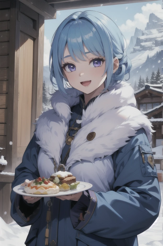 (masterpiece,  best quality,  absurd, 4K,  Aesthetic ,   Details, Complex,  perfect lighting),One person***, upper body,snow,mountain, happy ,:d,Food Up, Fur Trim,Hand pocket with 、 light blue hair 、Purple Eyes、長いツインテール