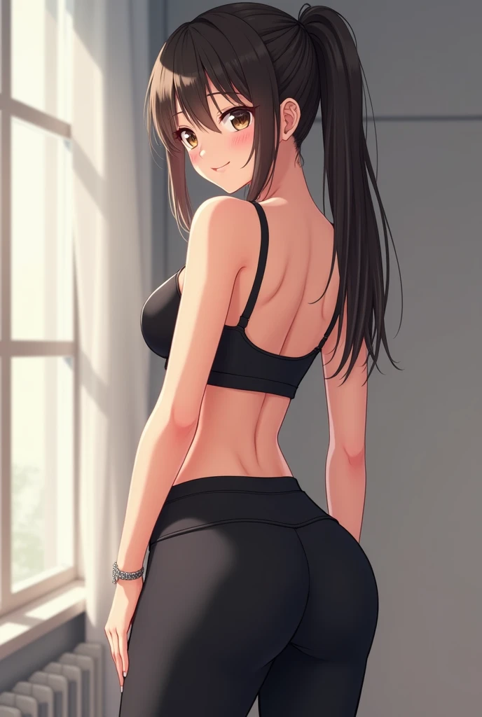 Symboli rudolf  (umamusume) in sexy mini shorts and sports bra, crouched deadlifting with a bar with her back facing a gym mirror, sweating, High Resulution, UHD, detailed image.